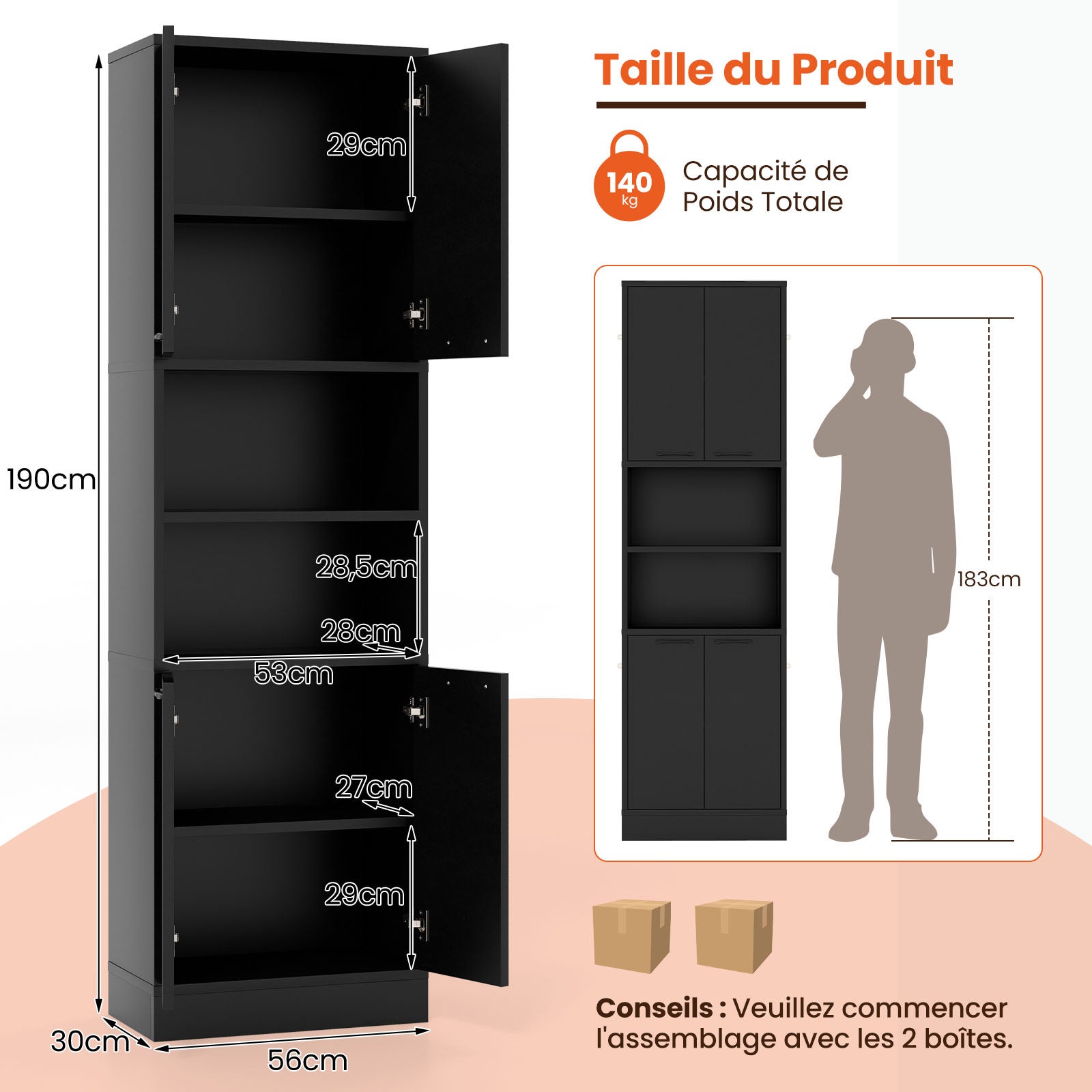 Mueble Baño, Mueble Columna Baño de 190 cm para Baño con 2 Armarios de Doble Puerta y 2 Estantes, Dispositivos Antirrebote, Estante de Baño de - 3