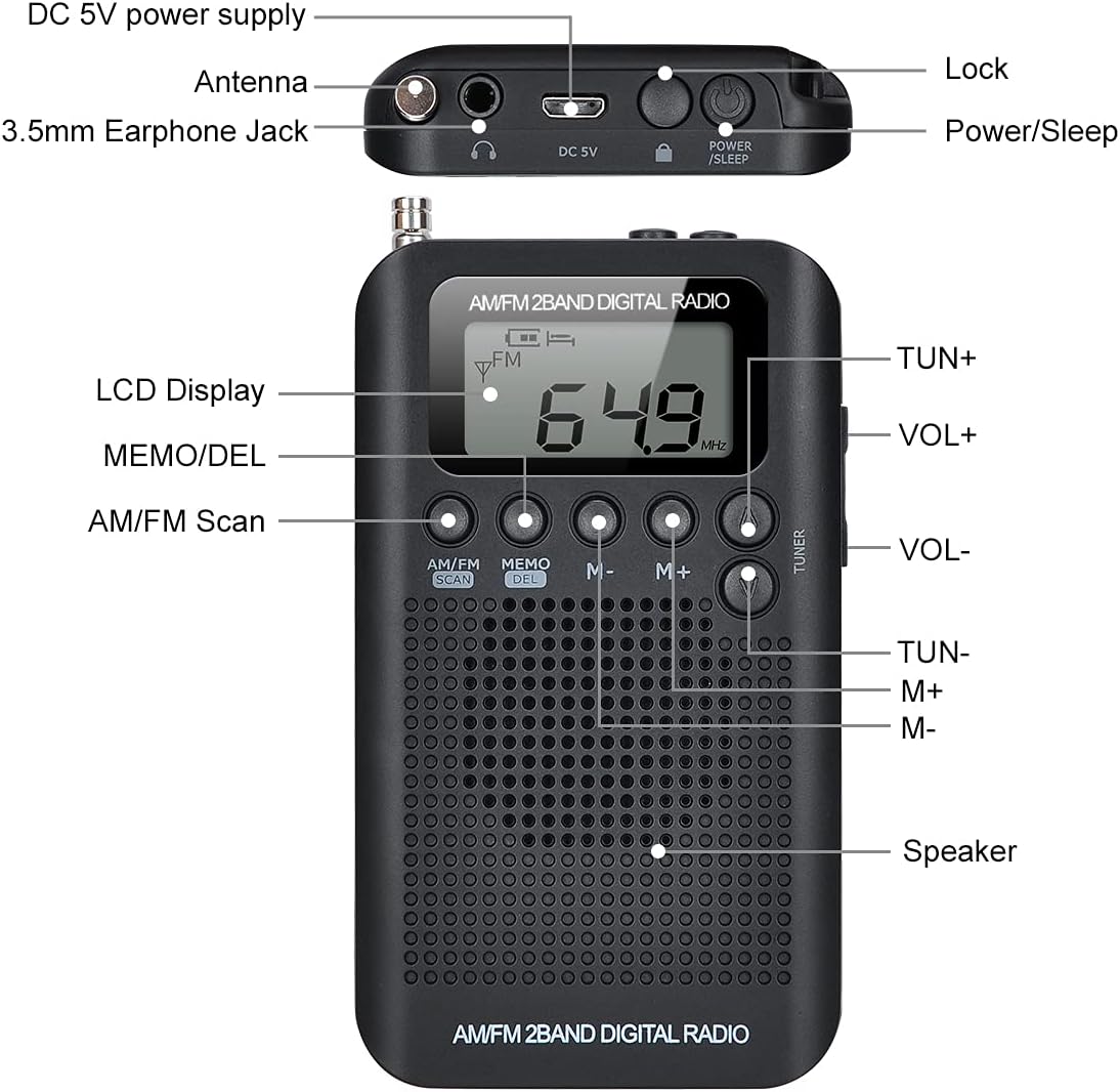 （103x60x15mm）Radio Portable Mini Radio de Poche avec Haut-Parleur FM/AM Numérique Stéréo DSP Récepteur avec Réveil et Minuterie - 2