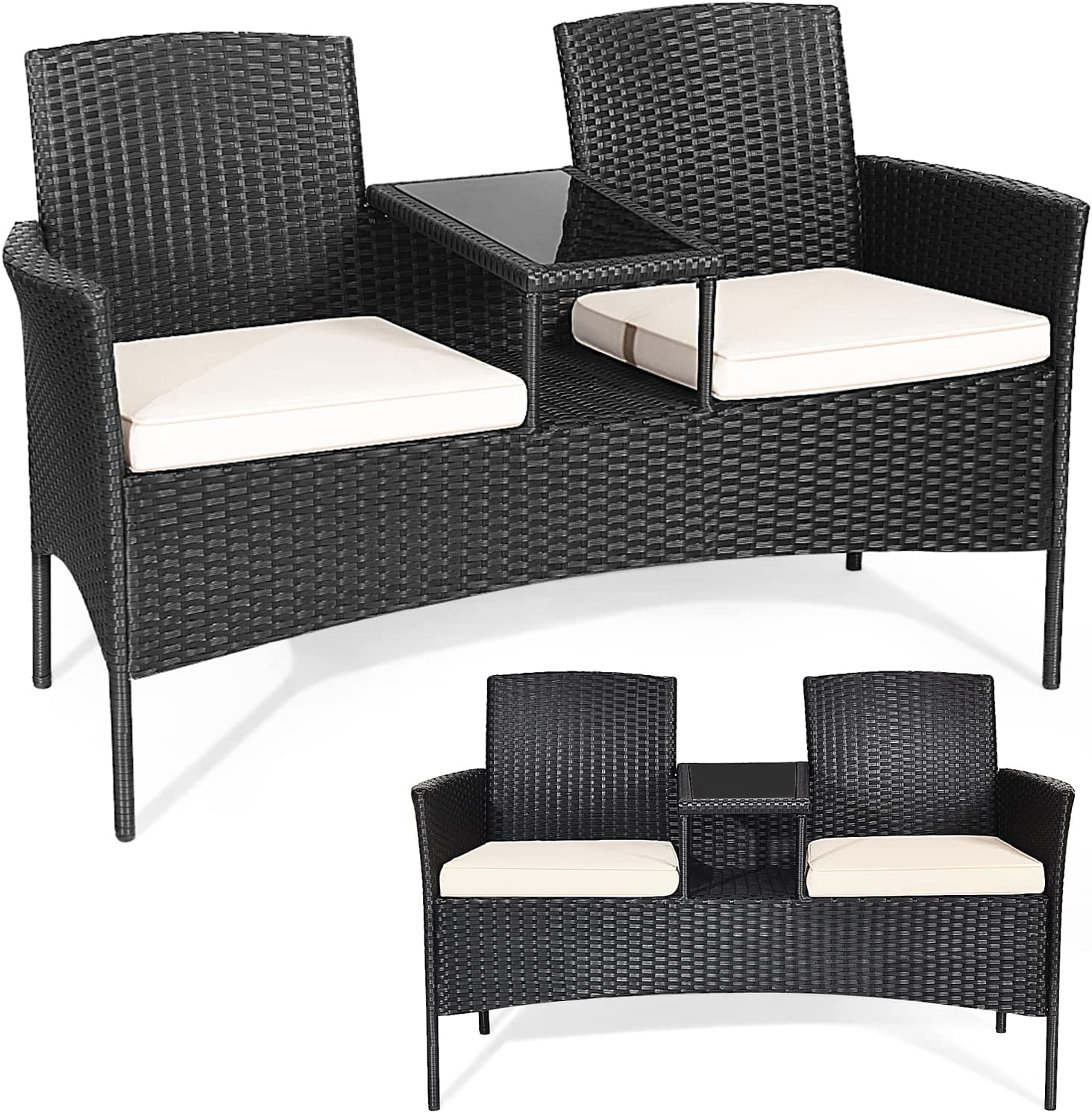 Ławka ogrodowa z polirattanu, 2-osobowy, zestaw mebli ogrodowych ze stołem i poduszkami, 138 x 61 x 85 cm ,meble balkonowe do ogrodu, (biała)