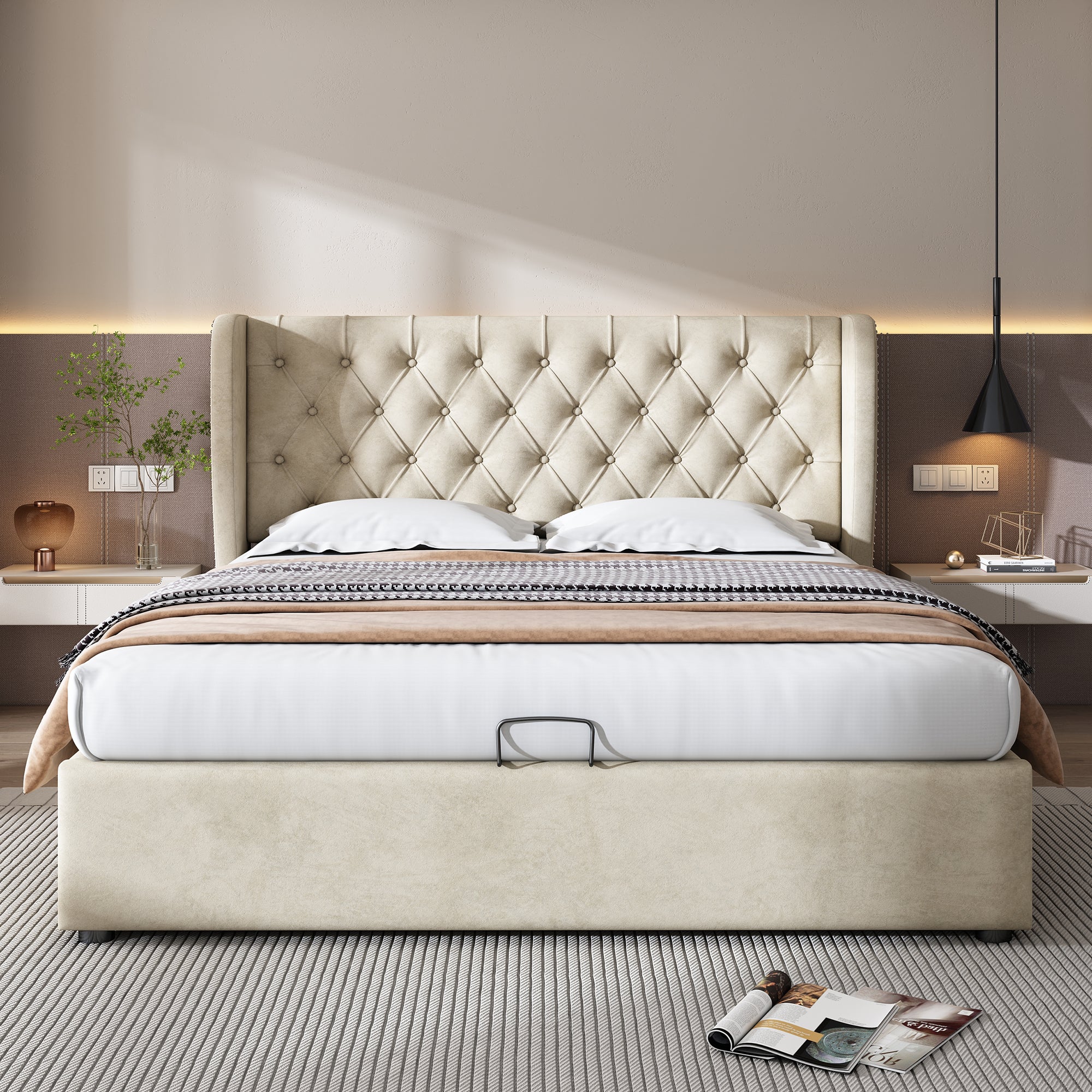 Lit Coffre Lit Adulte Double 140x190 cm - Sommier à Lattes - Rangement en Dessous - Velours Beige (Sans Matelas) - 2