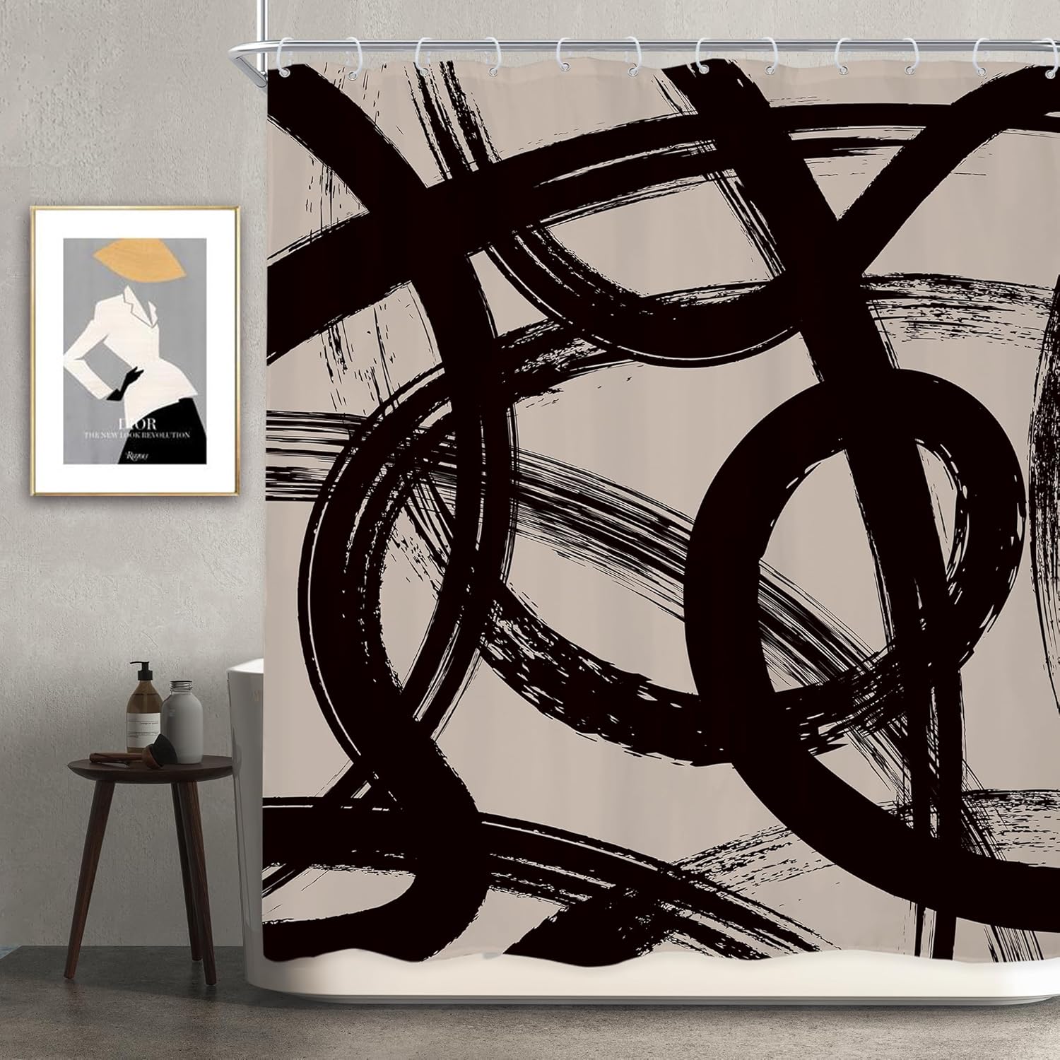 Czarna zasłona prysznicowa 152,4 x 183 cm (szer. x dł.) nowoczesna minimalistyczna linia graffiti prosta fajna wyjątkowa geometryczny zestaw szkiców