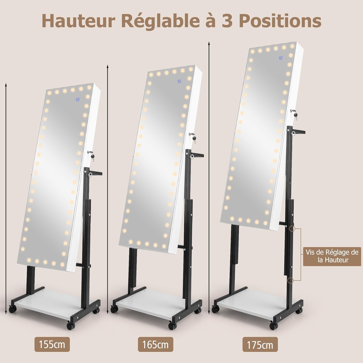 Armoire à Bijoux Miroir Pleine Longueur avec LED Réglable en Hauteur et en Angle-Roues Universelles et Porte-manteau, Blanc - 6