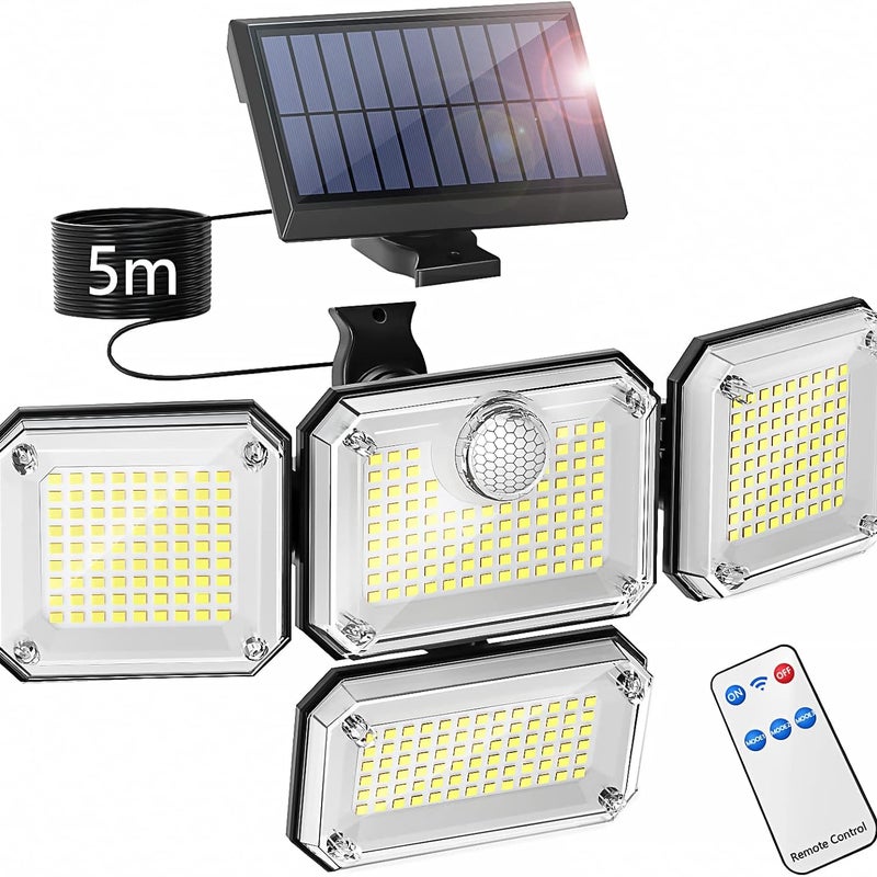 Zewnętrzna lampa solarna z czujnikiem ruchu, wodoodporny reflektor LED z zabezpieczeniem IP65, 3 tryby oświetlenia i 4 regulowane głowice świetlne