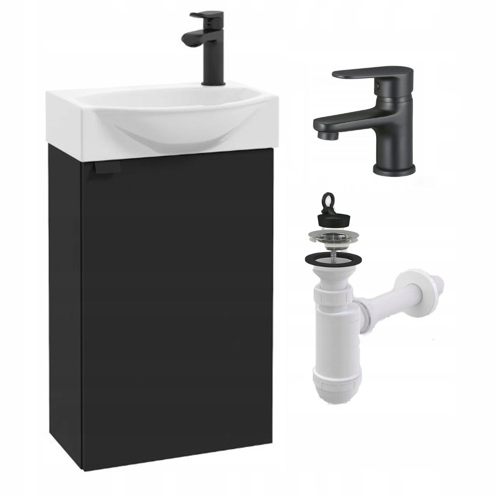 Szafka Łazienkowa Wisząca z Umywalką 40 x 22 Czarna Mat Bateria Sztorc Mała