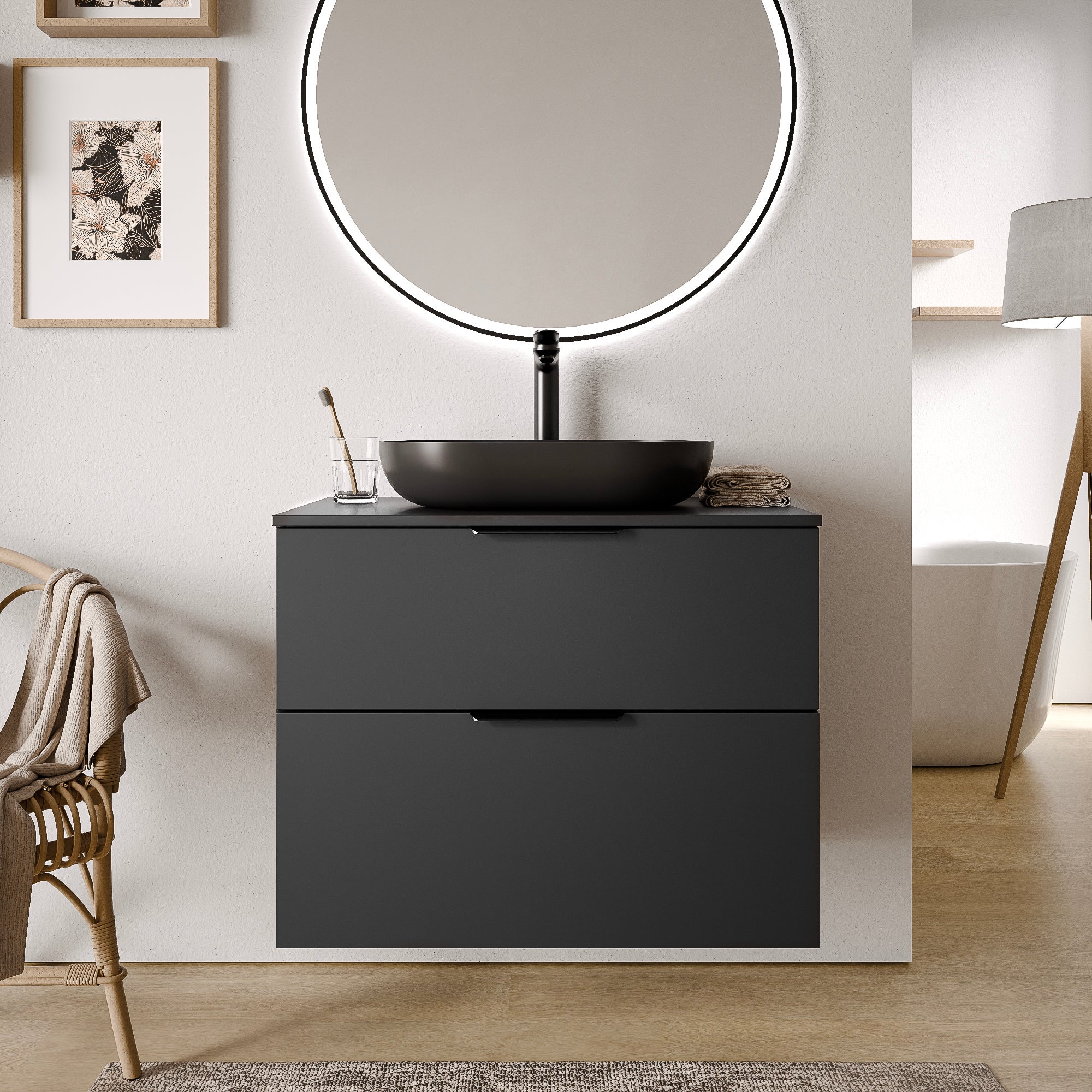 Bernstein - mueble lavabo suspendido mdf negro mate 80x46x62cm, encimera de lavabo roble gris + tirador negro mate - tim80
