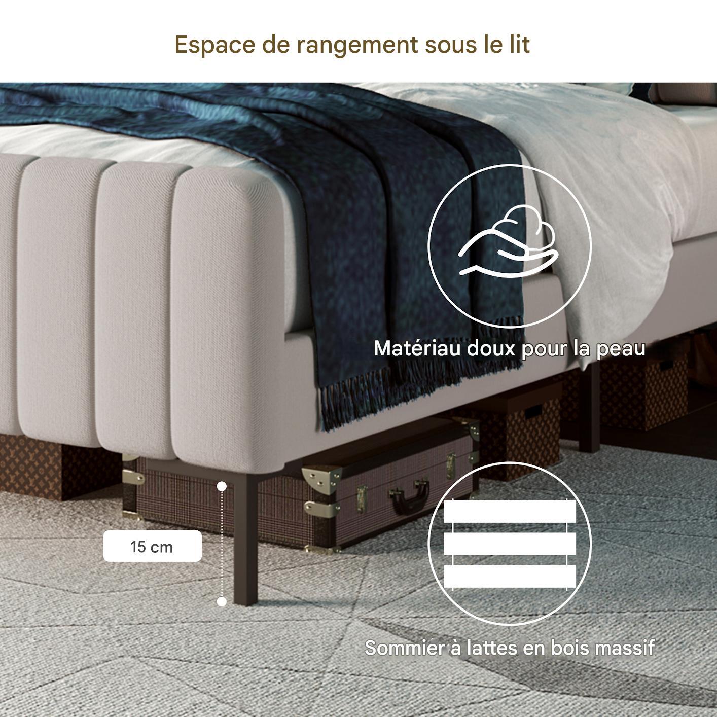 Lit Double Rembourré 140x200cm, Cadre de Lit Tapissé avec Sommier à Lattes et Tête de Lit à Dossier, Pour Ado/Chambre Amis, Gris (Sans Matelas) - 3