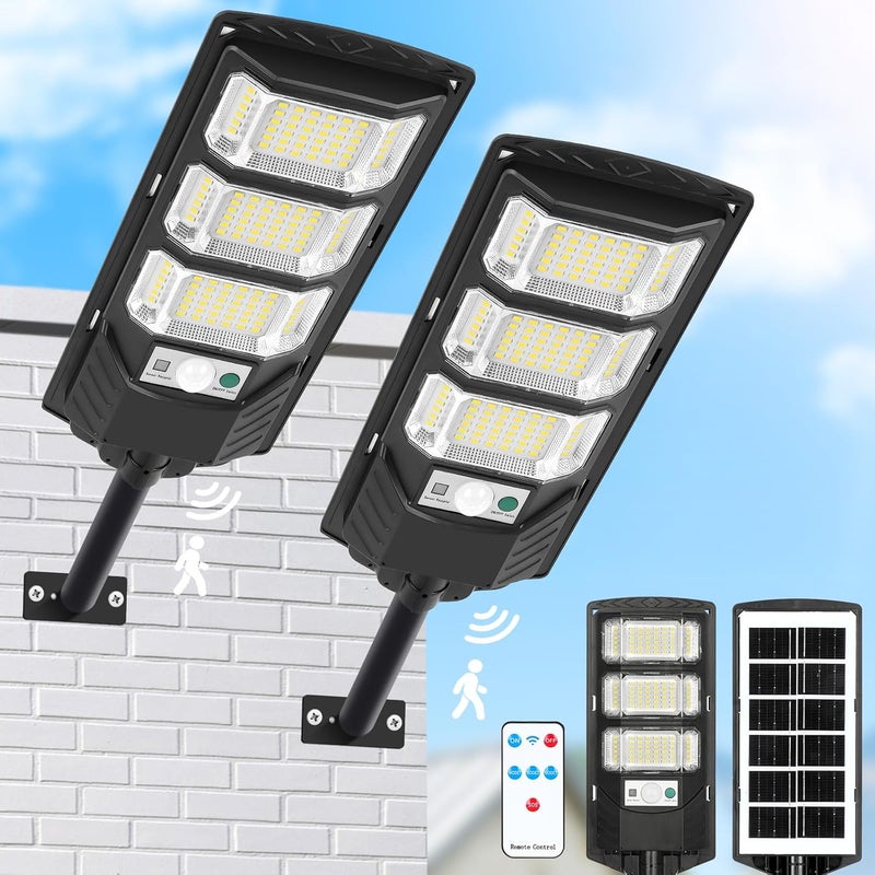 2 sztuki lampa solarna podłogowa, zewnętrzna lampa solarna 300 W, wodoodporna, reflektor solarny LED z czujnikiem ruchu i pilotem - światło białe