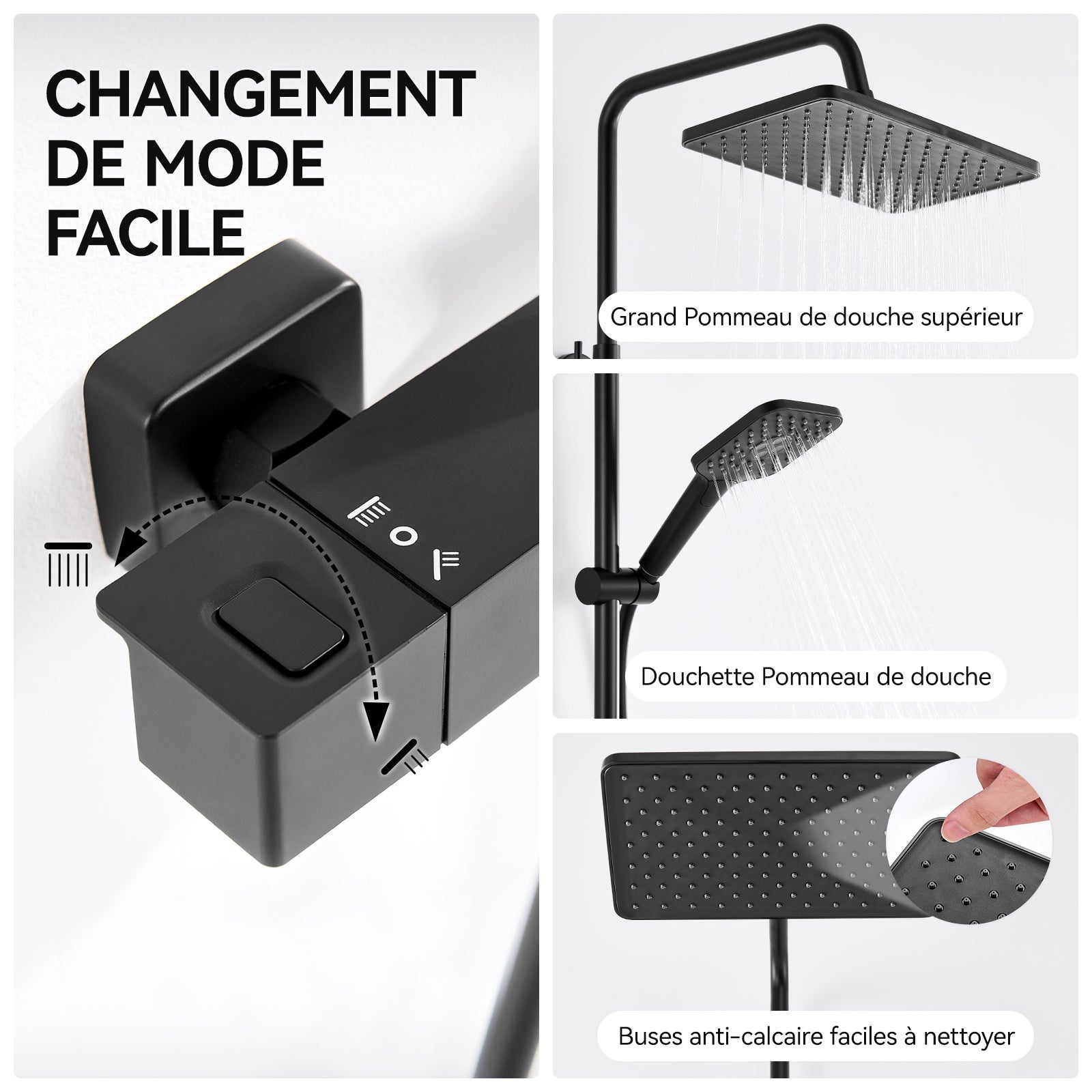 Auralum max Colonne de Douche,Système de douche thermostatique 38°C,avec Douchette à Main avec 3 Jets,30x19CM Pommeau de Douche,Noir - 3
