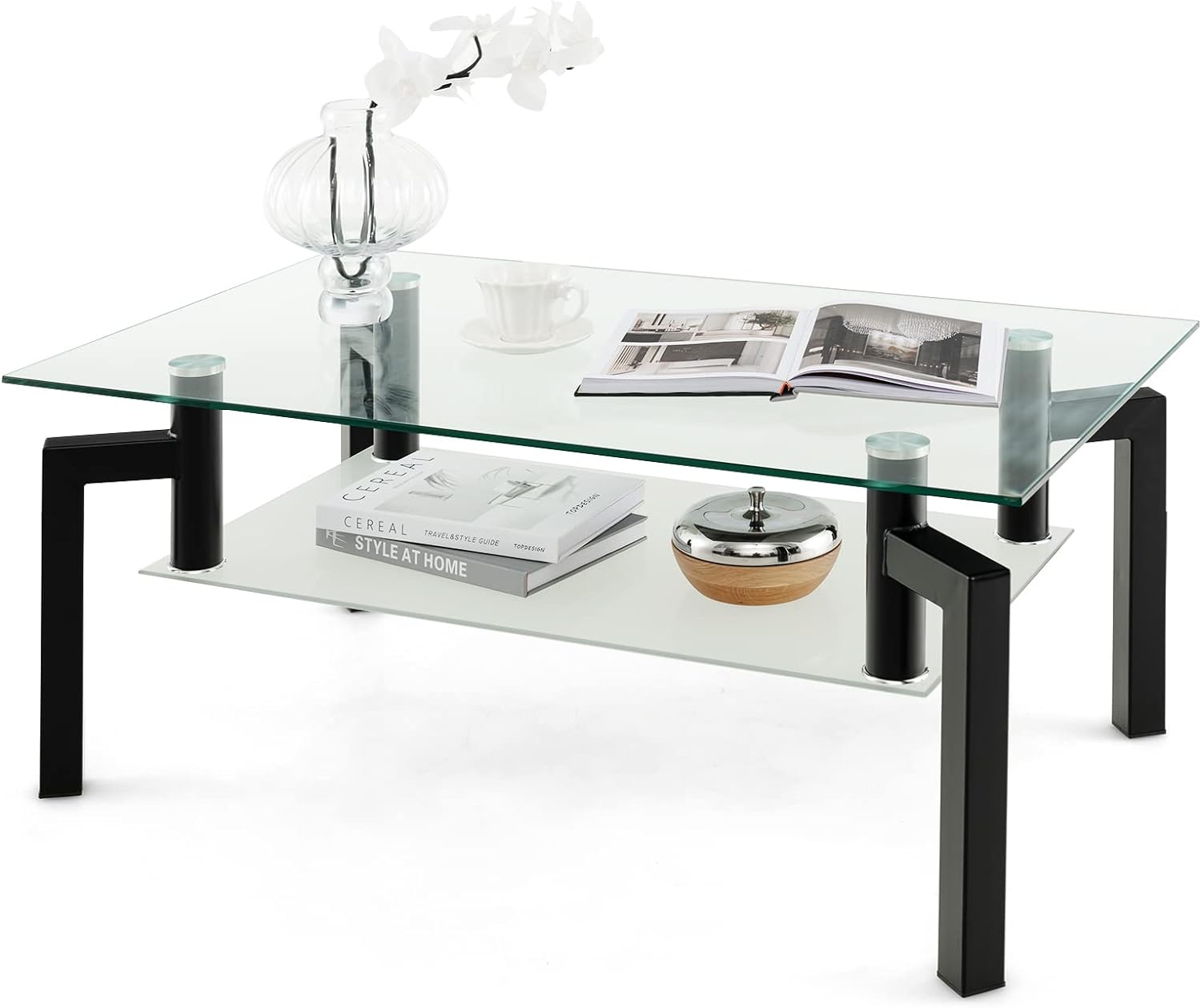 Stolik Kawowy z Hartowanego Szkła z 2 Poziomami i Otwartą Półką, Stolik Pomocniczy w Minimalistycznym Stylu, Nośność 90 kg + 30 kg, 100 × 60 × 43 cm