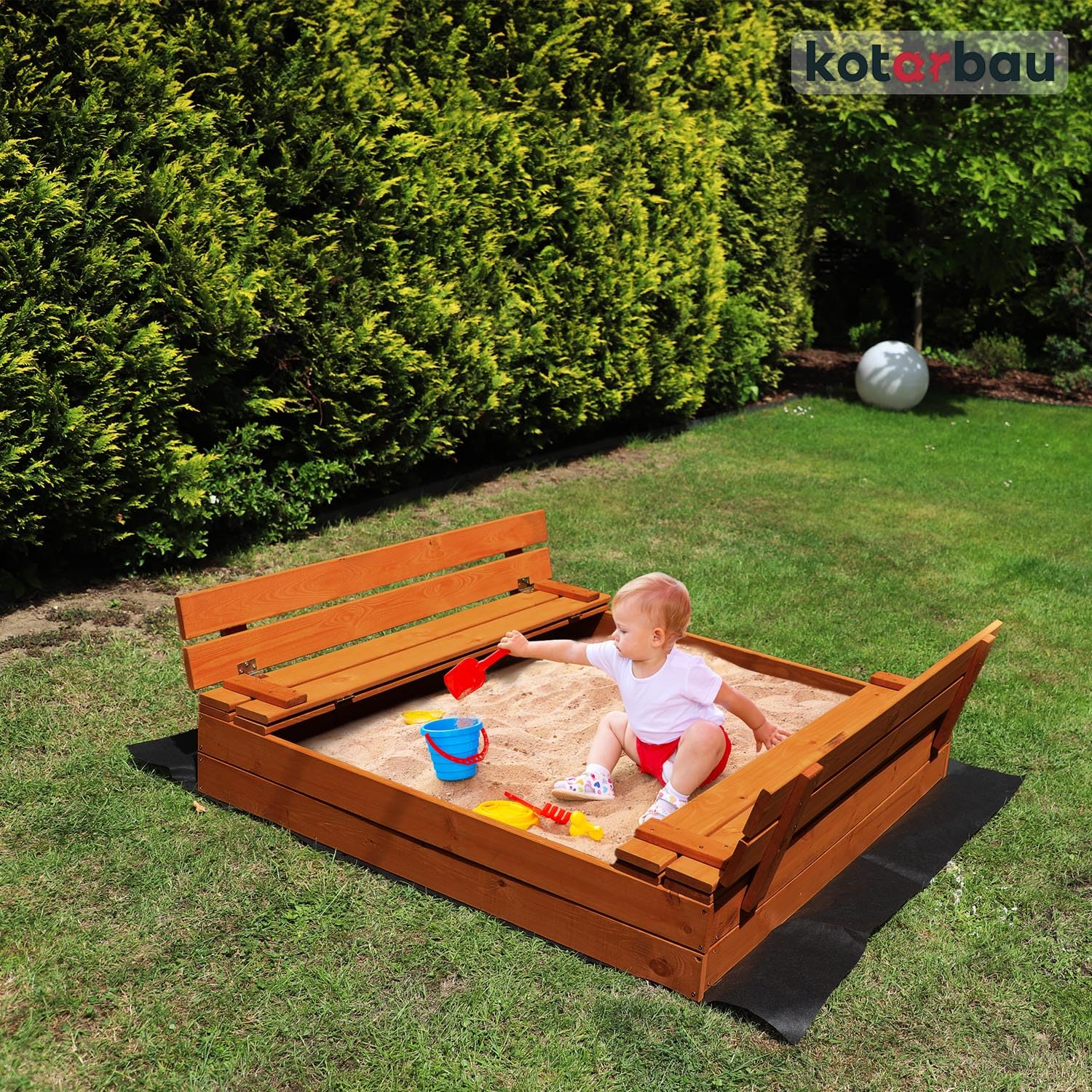KOTARBAU Bac à Sable Enfant Extérieur Bois 140 x 140 cm Marron avec Couvercle et Bancs Bac à Sable Refermable Imprégné Avec Tissu - 2
