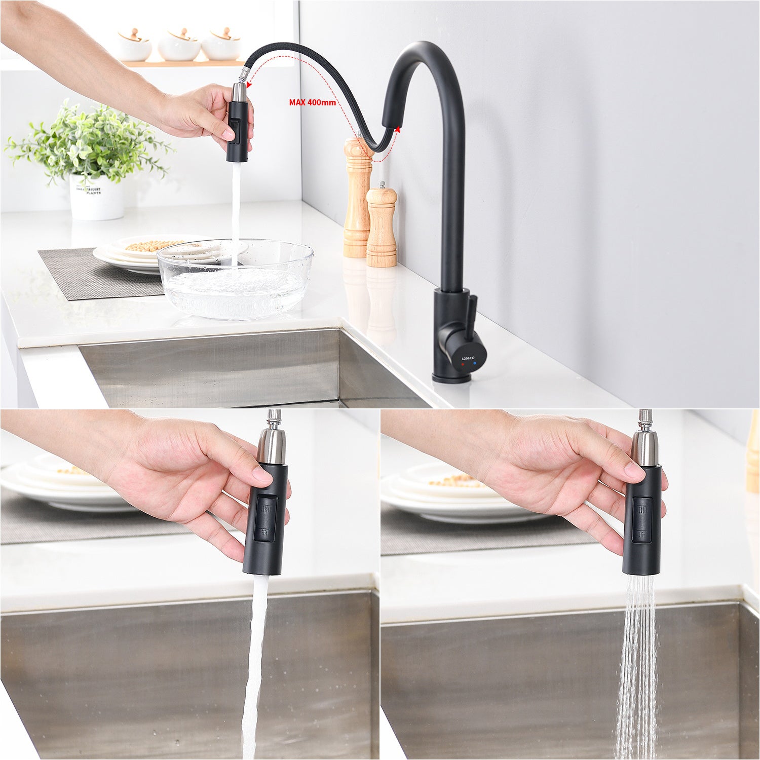 Robinet de Cuisine avec Douchette Extractible Mitigeur de Cuisine avec 2 Types de Jet D'eau Robinet d'évier en Inox Noir - 2