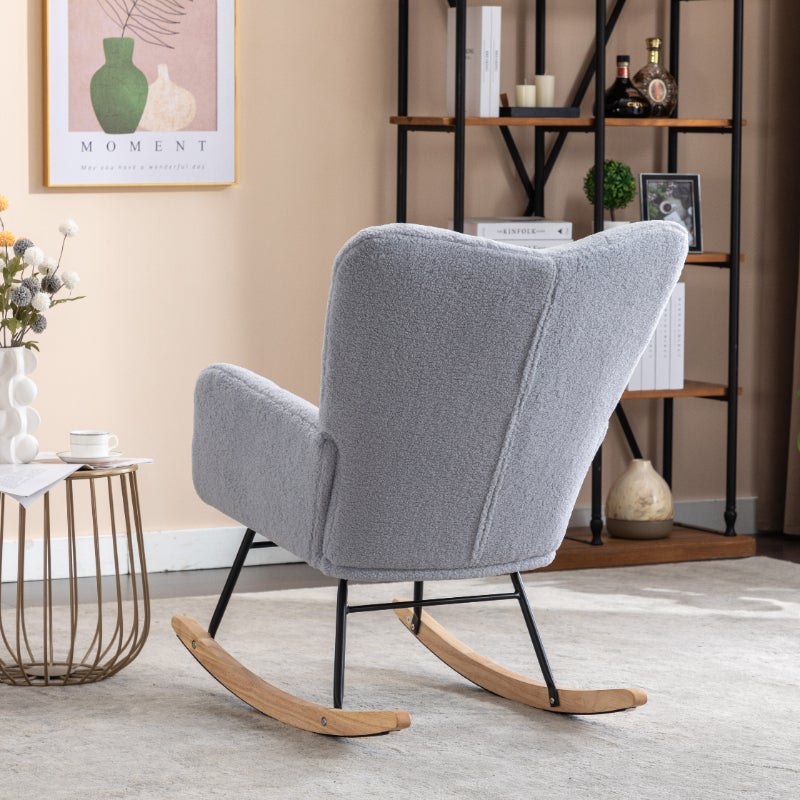 Nowoczesny fotel bujany w tkaninie Teddy z wyściełanymi podłokietnikami i pikowanym wzorem – idealny do salonu i sypialni - 7