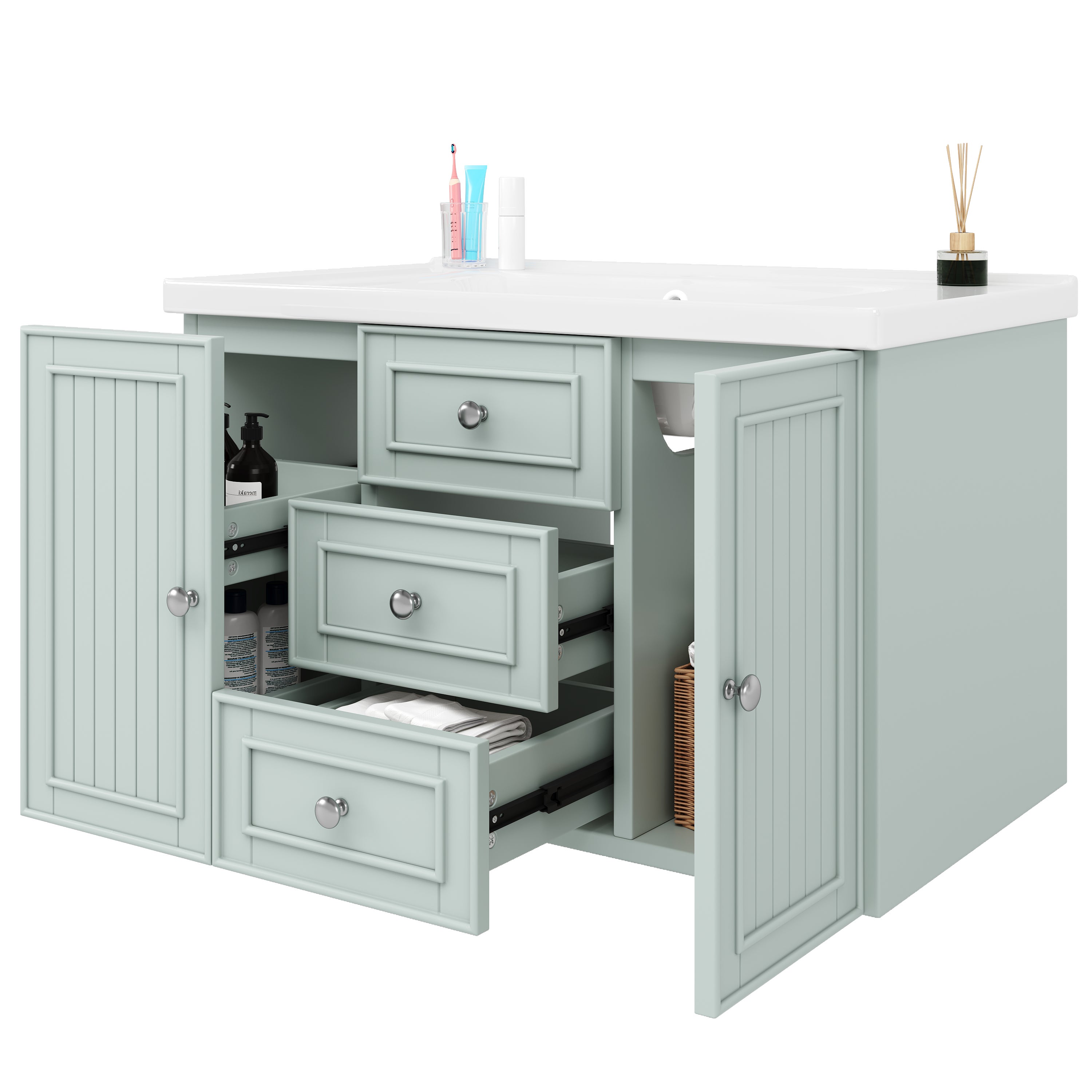 Meuble sous-vasque, meuble de salle de bain, meuble vasque avec 3 tiroirs, grand espace de rangement, meuble vasque mural, vert, 78,5 × 46 × 46,8 cm - 5