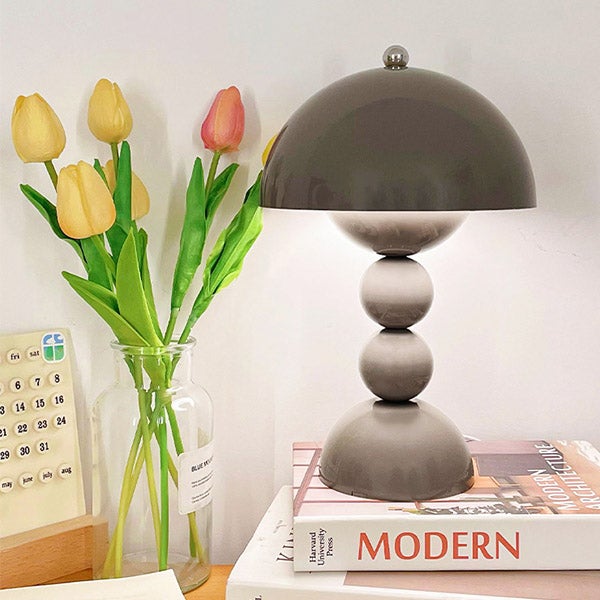 Szara lampka stołowa w kwiaty, lampka nocna do sypialni, lampa dekoracyjna, lampka stołowa grzybek - gniazdo USB - 3 kolory światła