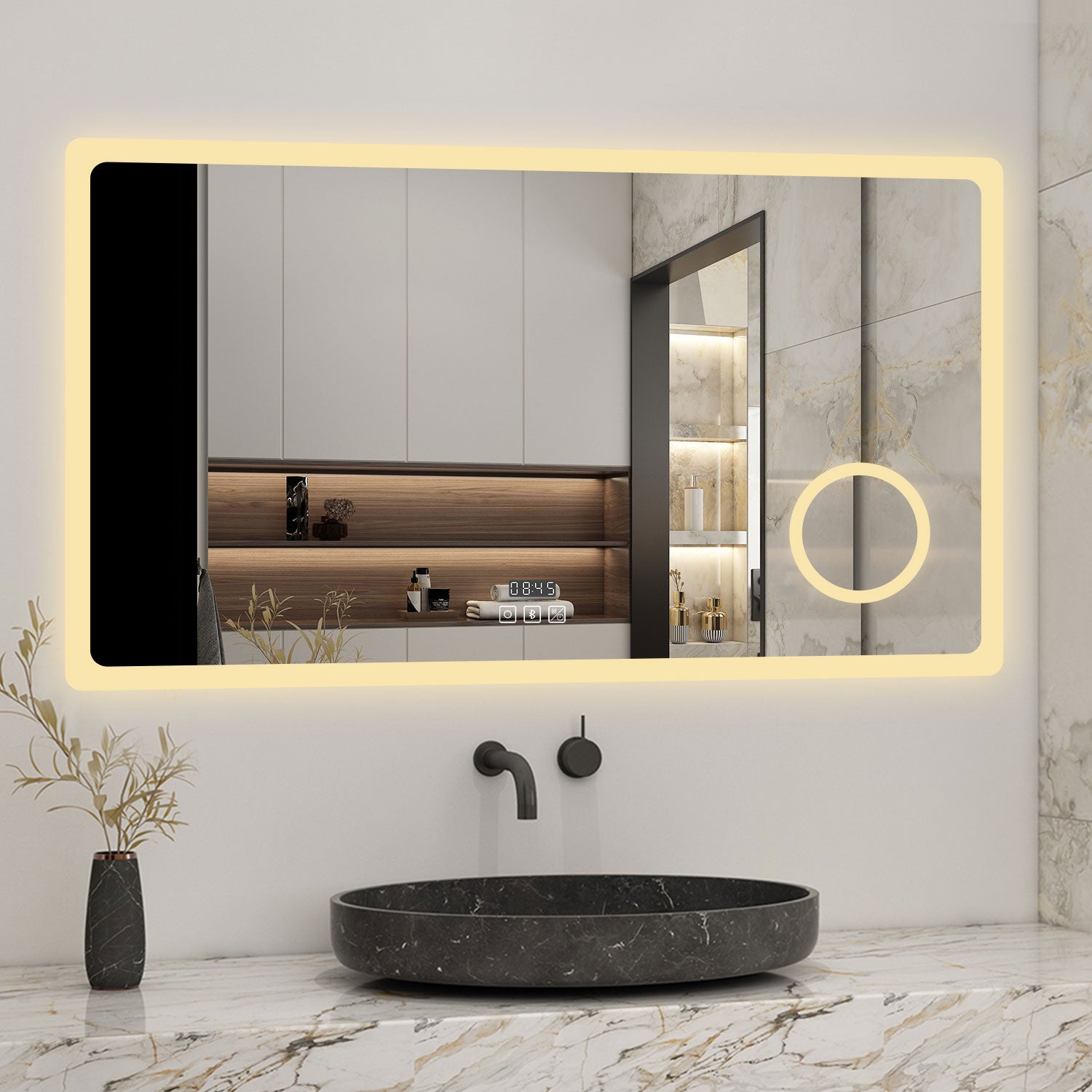 AICA Miroir lumineux Horloge + loupe + bluetooth + tricolore + anti-buée 100x60cm salle de bain dimmable,mémoire,tactile,led - 4