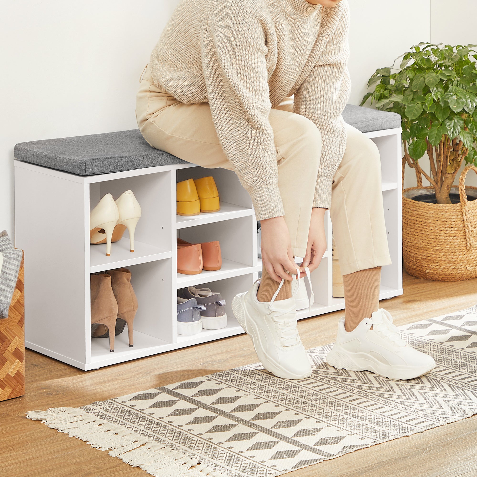 Meuble À Chaussures, Banc d'entrée Avec 10 Compartiments, 104 x 30 x 48 cm, Blanc - 4
