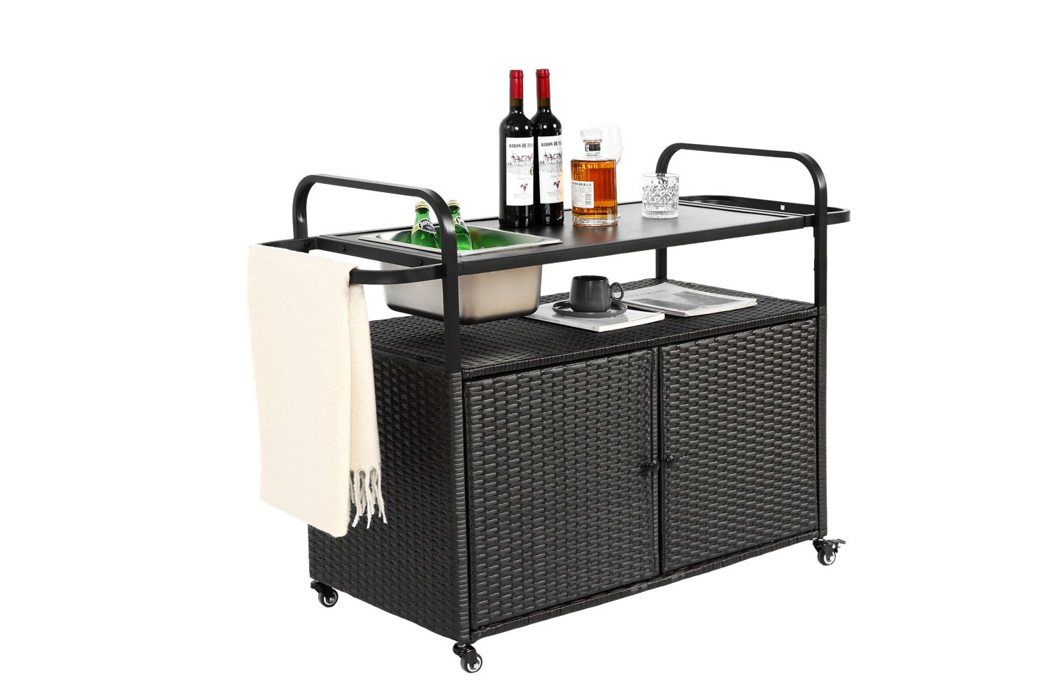 Chariot De Cuisine Avec Plan Rabattable - Rangement Tiroirs & Roulettes - 120x88 Cm