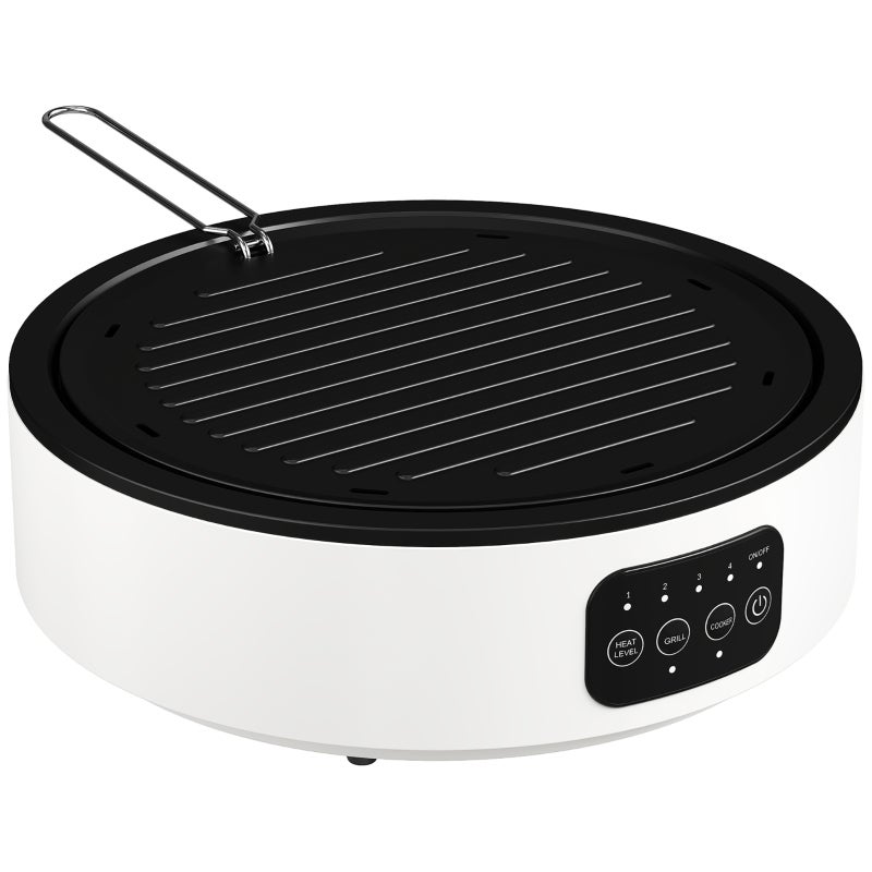 Plita ceramica duala, design 2 in 1, pentru gatit si gratar, 2000W, 4 trepte de incalzire, display LED, tava pentru grasime, alb, ventilator de podea