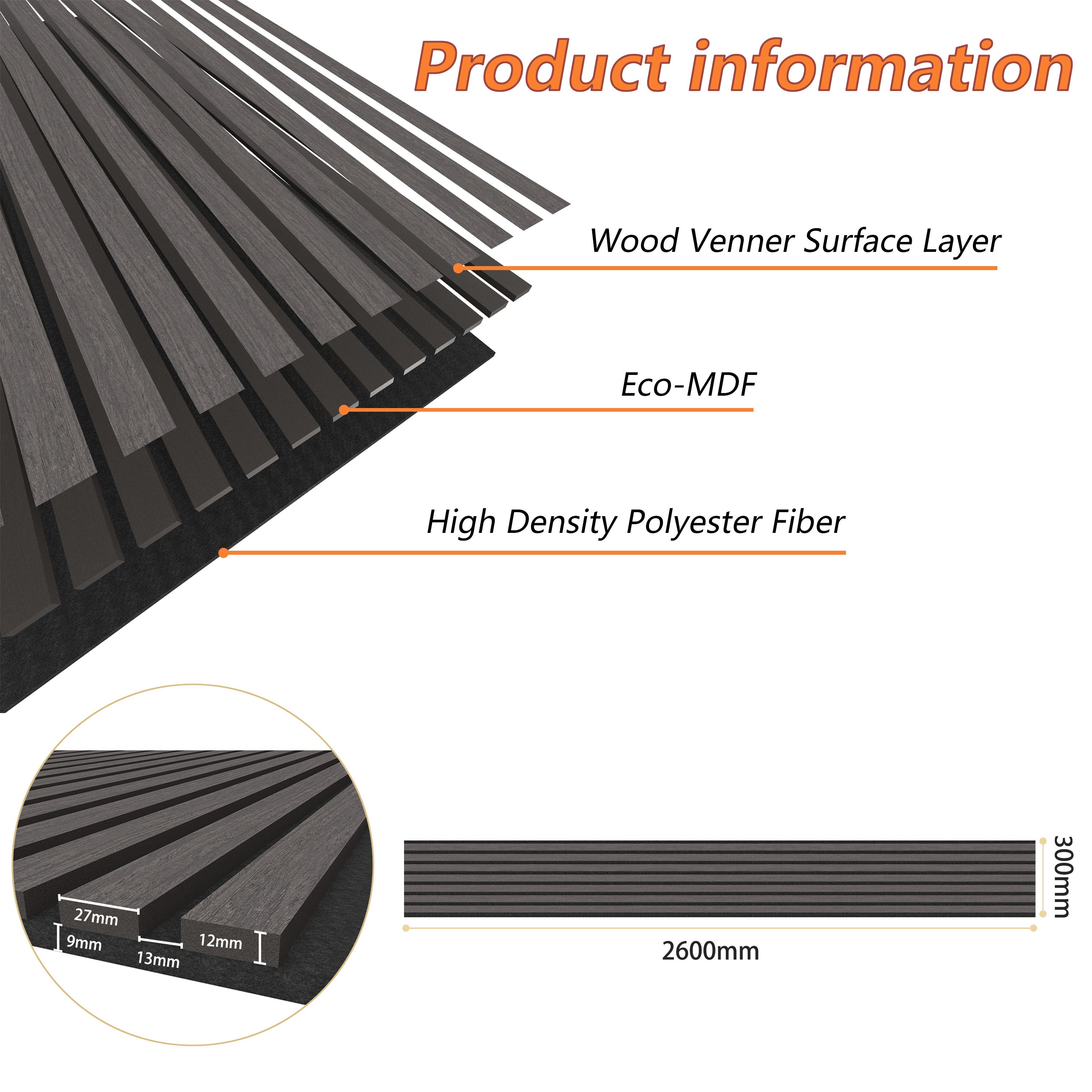 Lot de 3 Panneaux Muraux Décoratifs Acoustiques Bois MDF 260x30cm Chêne grisé AntiBruit, Facile à Poser - 3