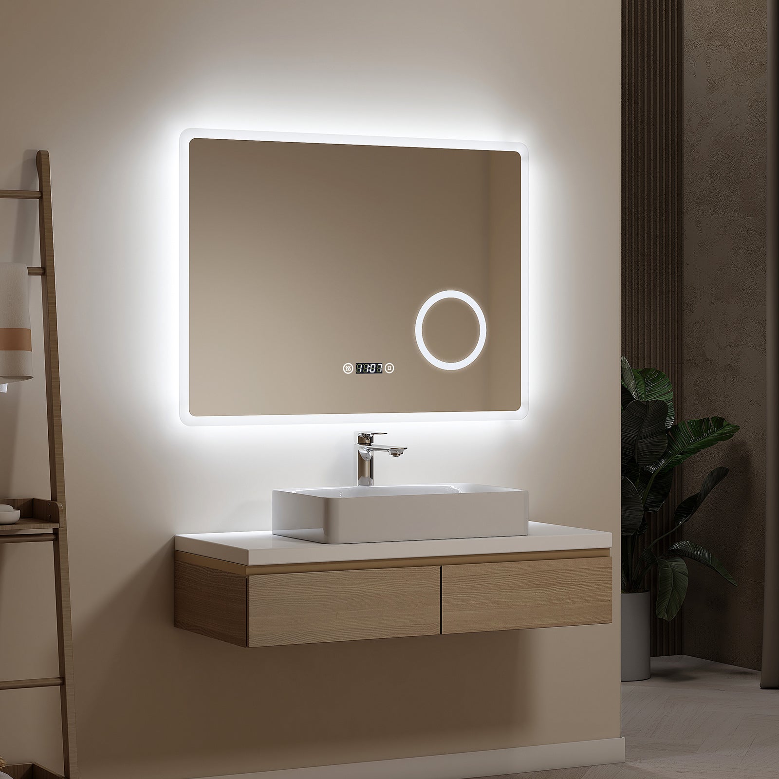 EMKE Lustro łazienkowe z oświetleniem LED 90x70 cm, z 6500K, przeciwmgielne, zegar, 3-krotne powiększenie, funkcja pamięci, IP44