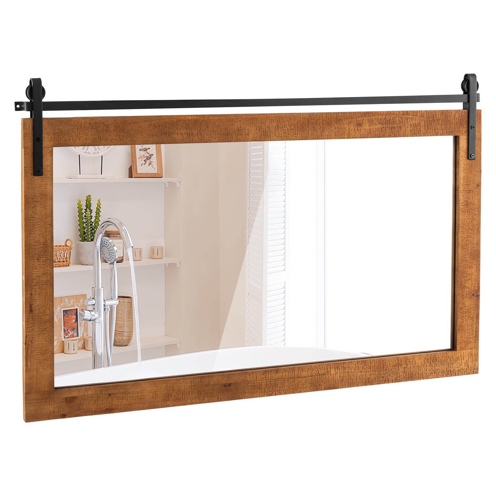 Miroir Mural Rectangulaire 100 X 66CM, Cadre en Bois Massif, Style Porte de Grange, Support en Métal, Réflexion HD, Grand Miroir Mural Rustique,Marron - 8