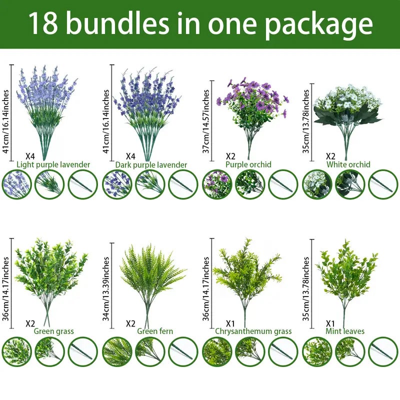 Fleurs Artificielles Haut de Gamme – 18 Pièces Lavande et Mixte – Décoration Porche, Jardin, Ferme – Résistantes aux Intempéries (UV) - 2