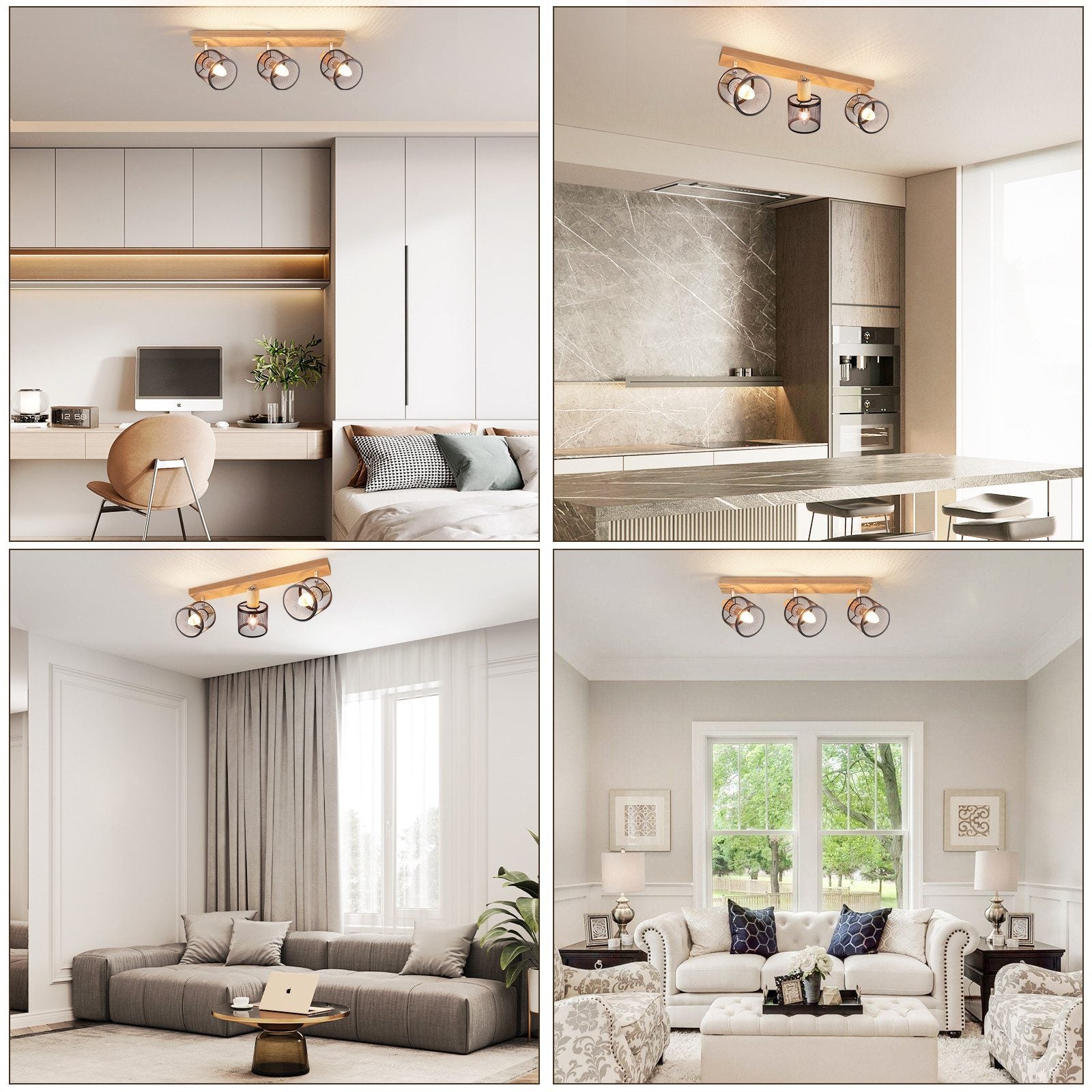 NETTLIFE Plafoniera 3 faretti effetto legno nero - E14 plafoniera orientabile 350° 4 lampadine max 25w moderna per soggiorno camera da letto cucina. - 7