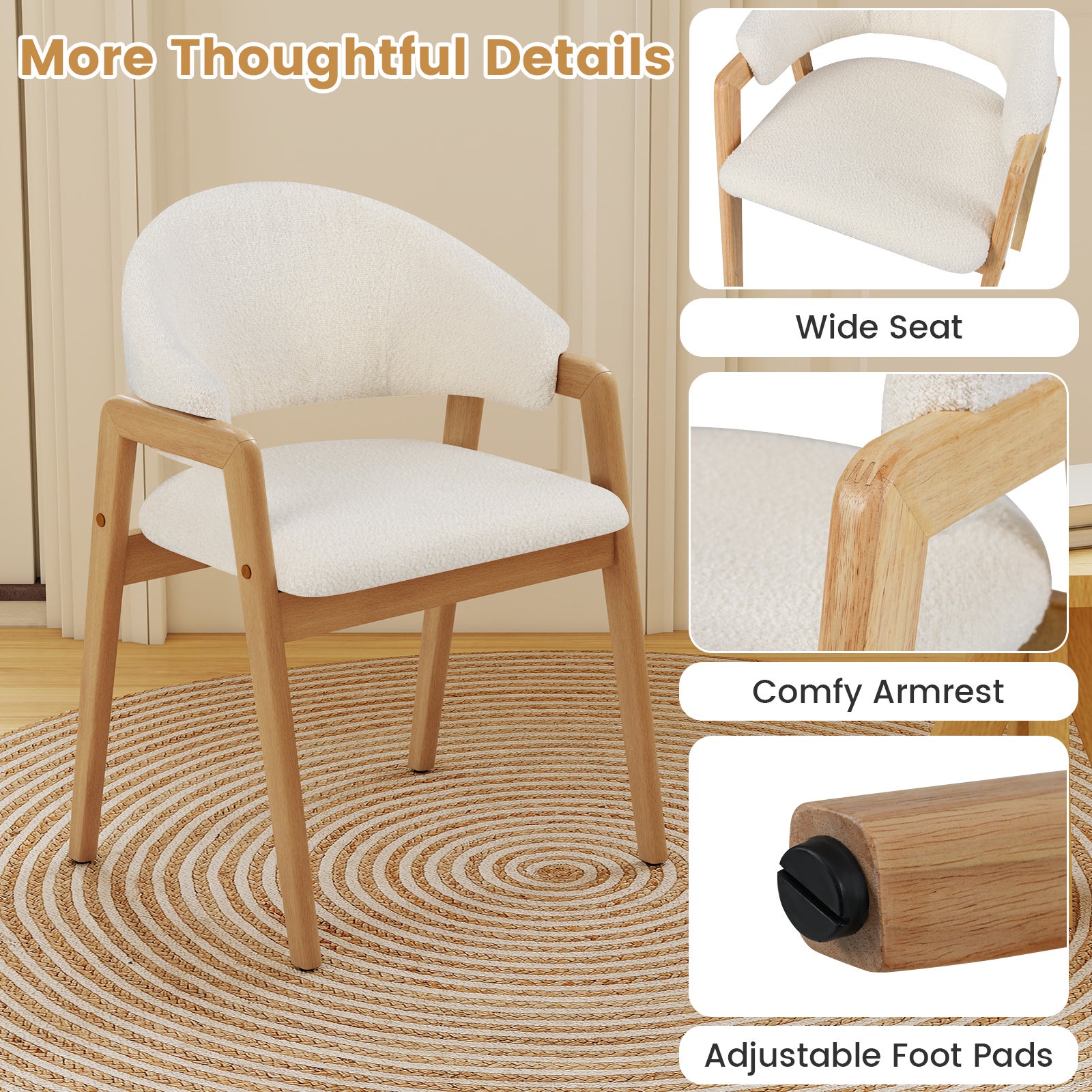 Lot de 2 Chaise de Salle à Manger avec Siège Rembourré et Dossier Courbé, Accoudoir Confortable, Patins Réglables, pour Restaurant, Salon - 5