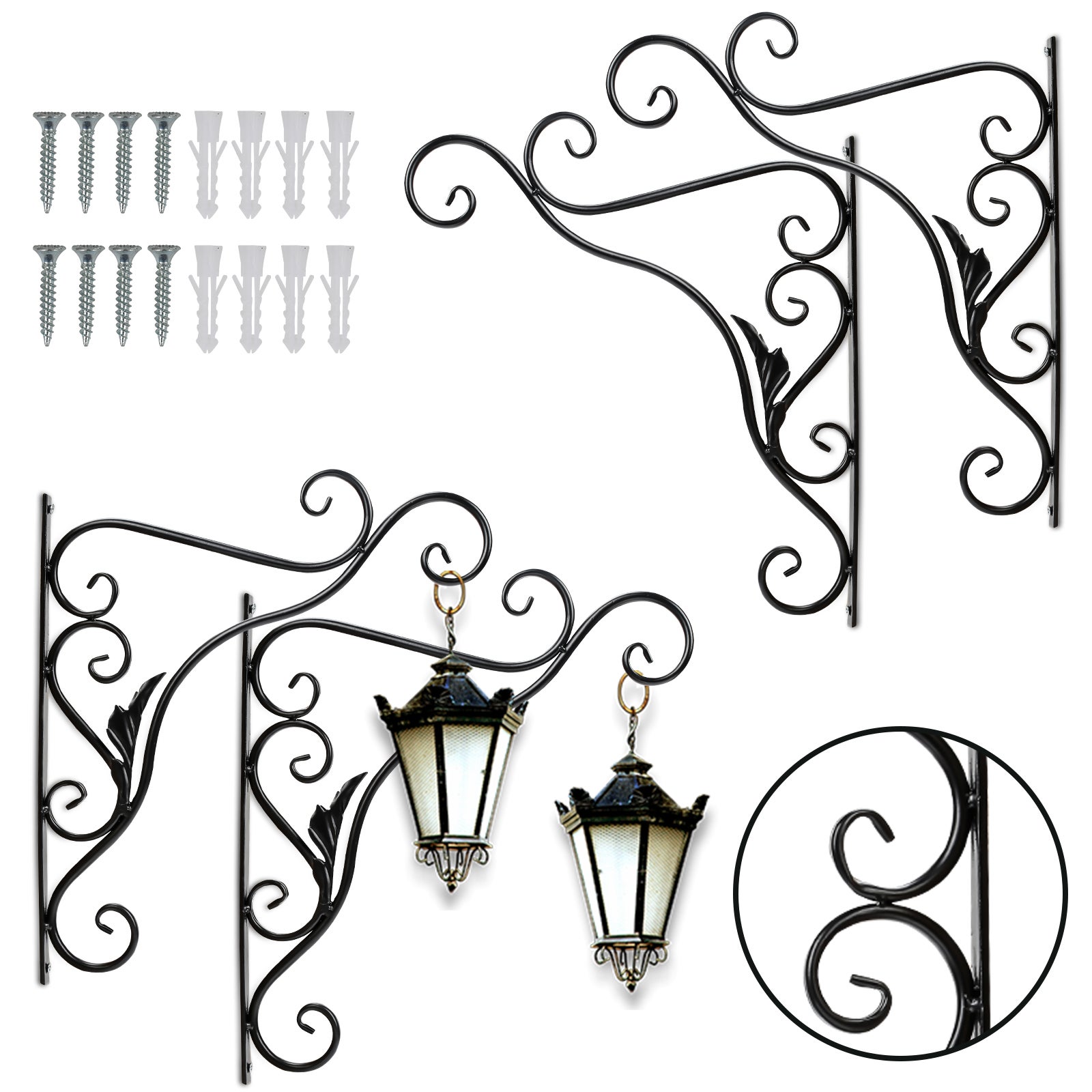 MIVITOOM Gancio da parete per fioriera da 18,5 cm, 2 pezzi, supporto per piante, in ferro nero, per piante, casette per uccelli, lanterne e applique robu