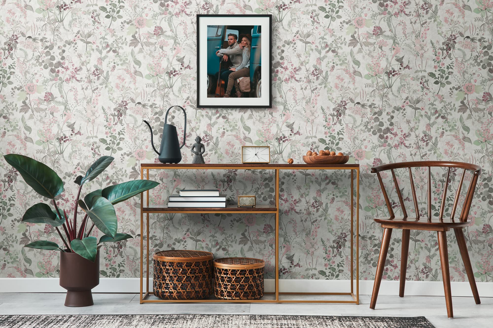 Papel pintado flores casa de campo tejido no tejido Papel pintado beige verde y rosa para cocina y salón, 10,05 x 0,53 m - 9