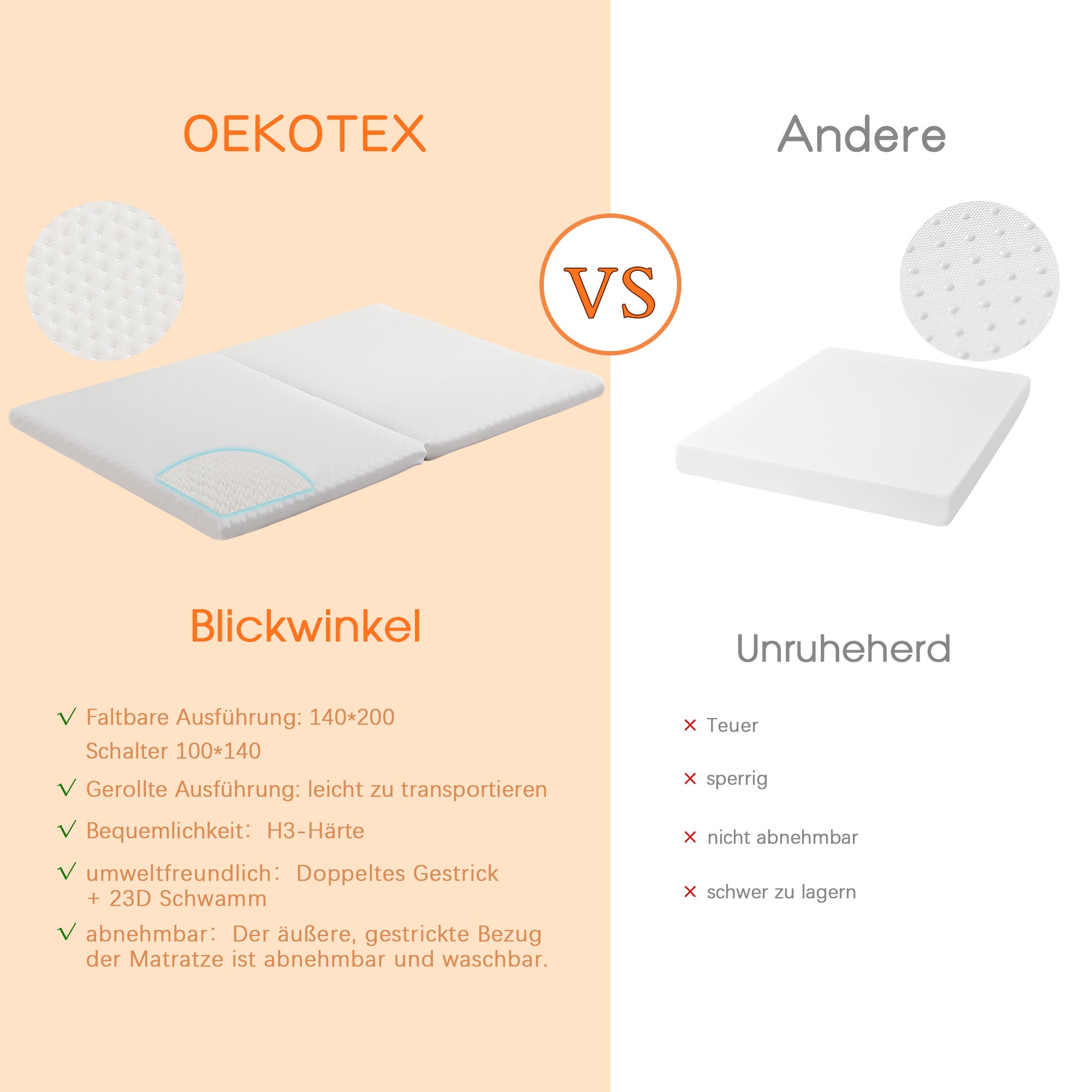 Matelas pliable 140 x 100/200 cm en mousse 23D - Fermeté H3 - Epaissseur 10 cm - Emballage compressé - 7