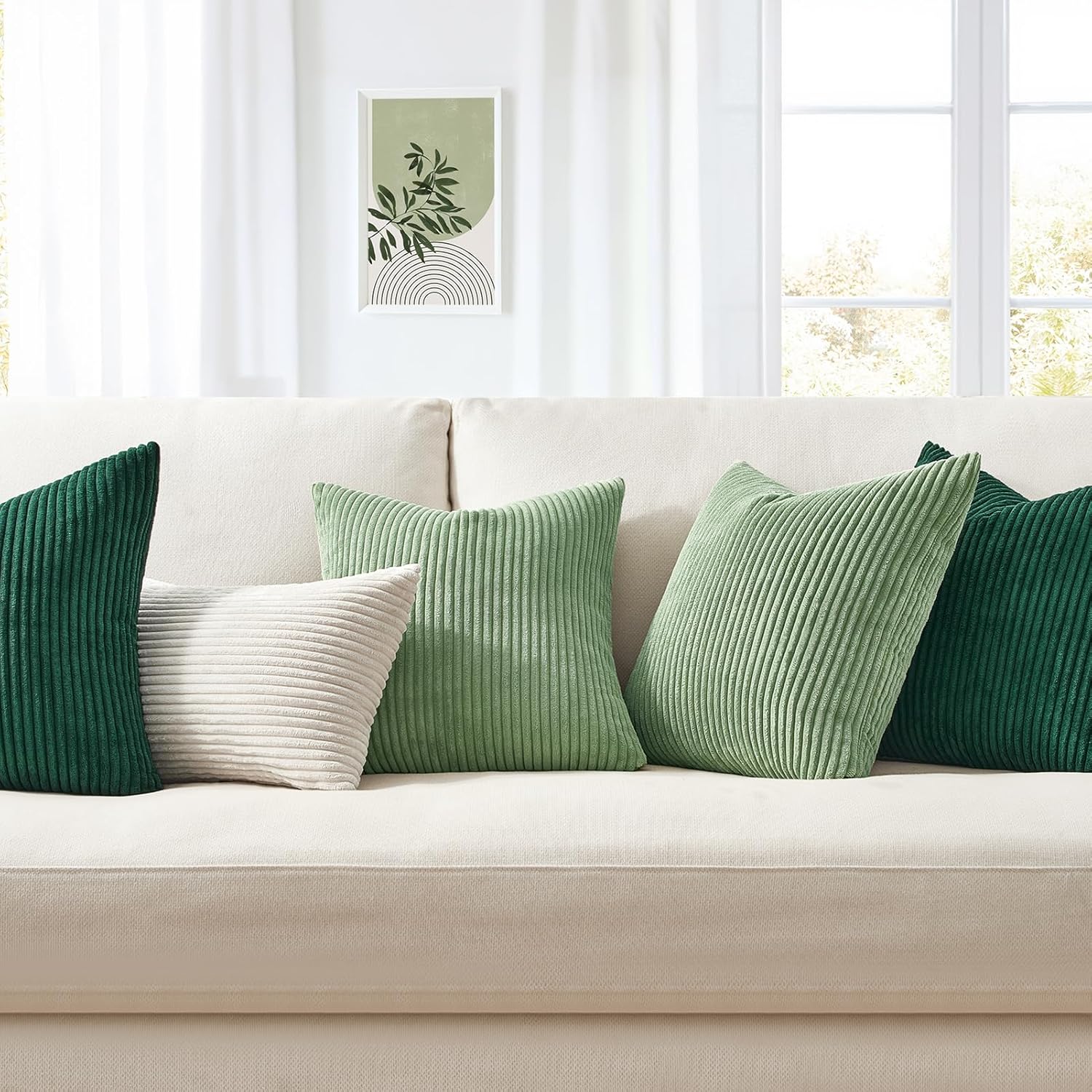 Set di due federe in velluto a coste, adatte per decorare divani, soggiorni, camere da letto e letti. Verde chiaro, 45 x 45 cm. - 3