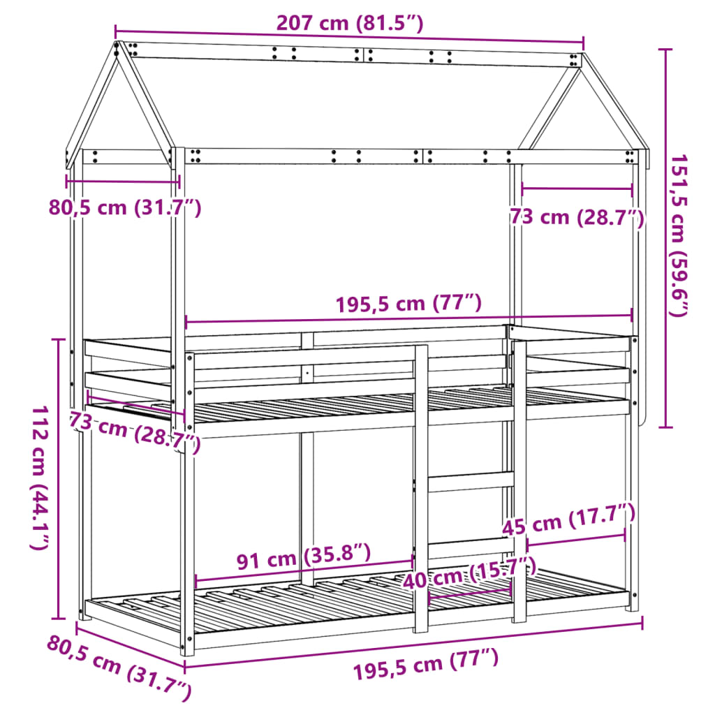 Lit superposé avec toit 75x190 cm bois de pin massif - 9