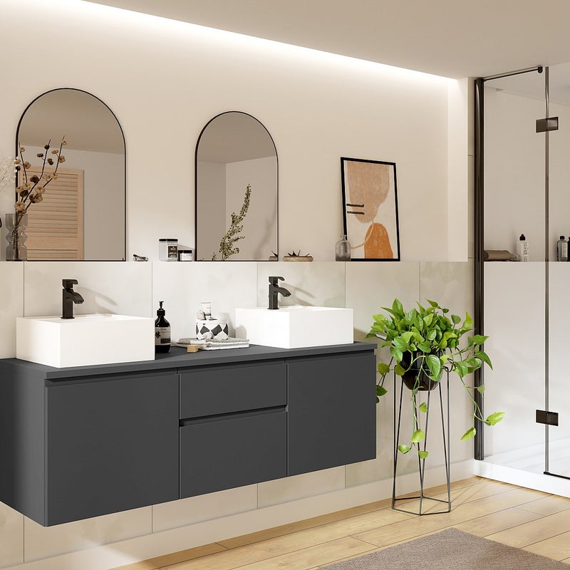 Szafka łazienkowa wisząca z podwójną umywalką - Szary - 150 cm - JIMENA II