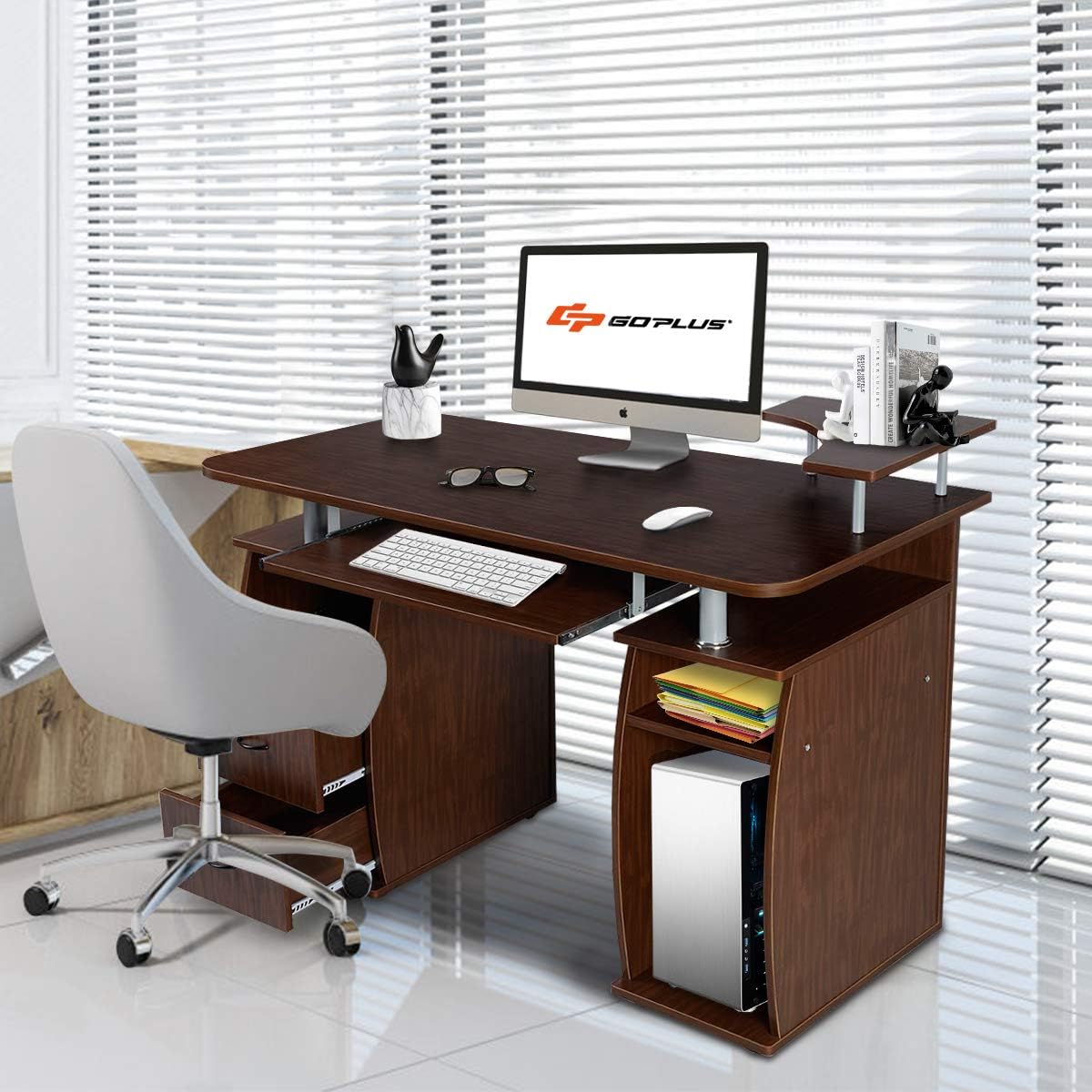 Bureau Informatique 120 x 55 x 85CM, Bureau d'angle avec Tablette Imprimante,avec de Nombreux rangements et Tablette à Clavier Coulissant, Noyer - 6