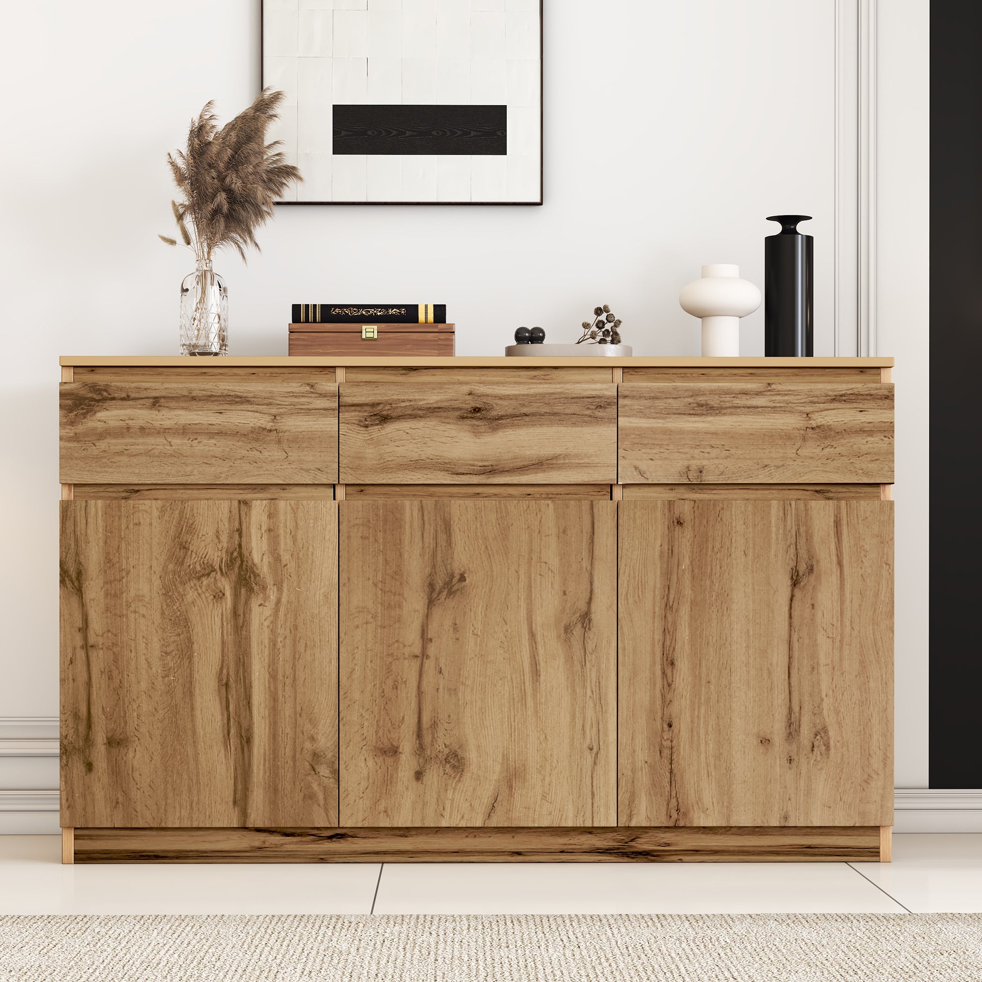 Wielofunkcyjna komoda, dekoracyjny mebel w oryginalnym wyglądzie drewna z 3 drzwiami i 3 szufladami, pojemna zabudowa kuchenna, 135*40*81 cm