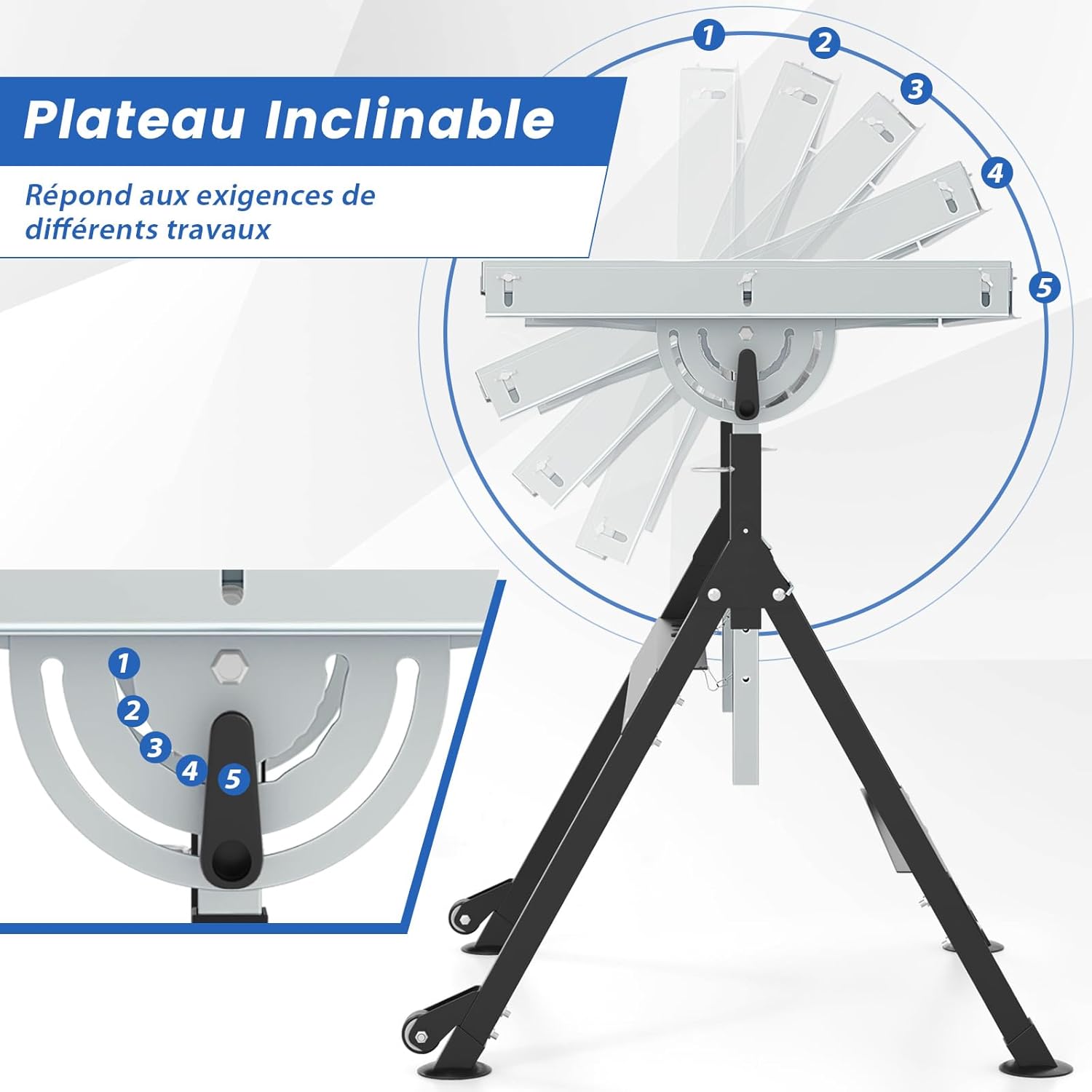 Banco da Lavoro Pieghevole, Tavolo da Lavoro Portatile con Piattaforma Inclinabile e Altezza Regolabile, 2 Ruote, con 3 Slot e 2 Portautensili - 6
