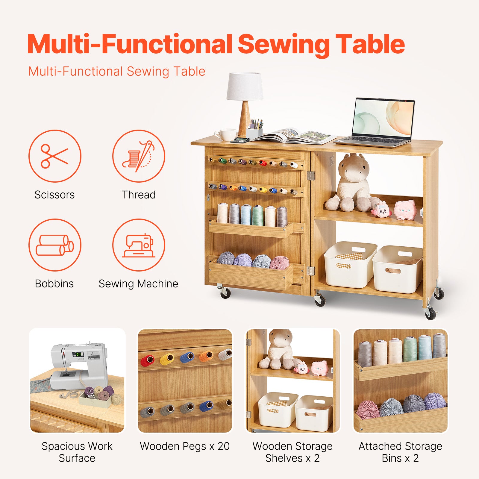 Mesa de Costura Plegable,VEVOR Multiusos para Máquina de Coser,Diseño Compacto,Ruedas,Estantes,Bandejas,Color Madera Natural - 2