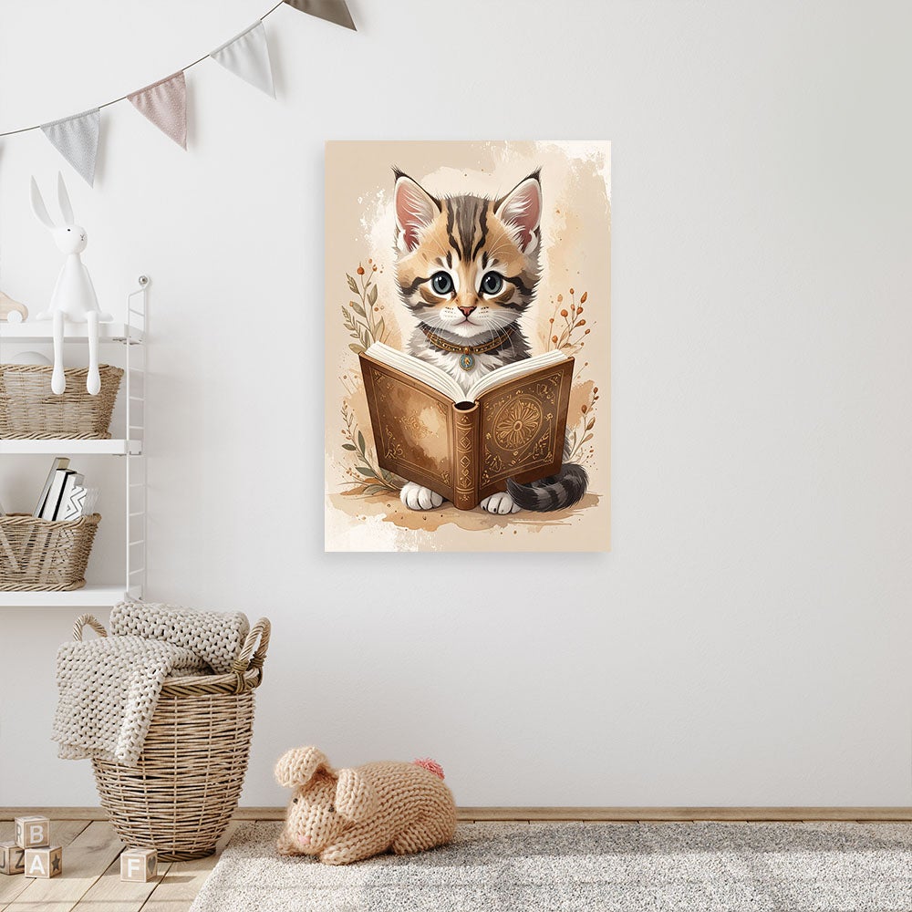 Obraz do pokoju dziecka niemowlaka, Kotek kot czytajacy książkę zwierzęta 40x60