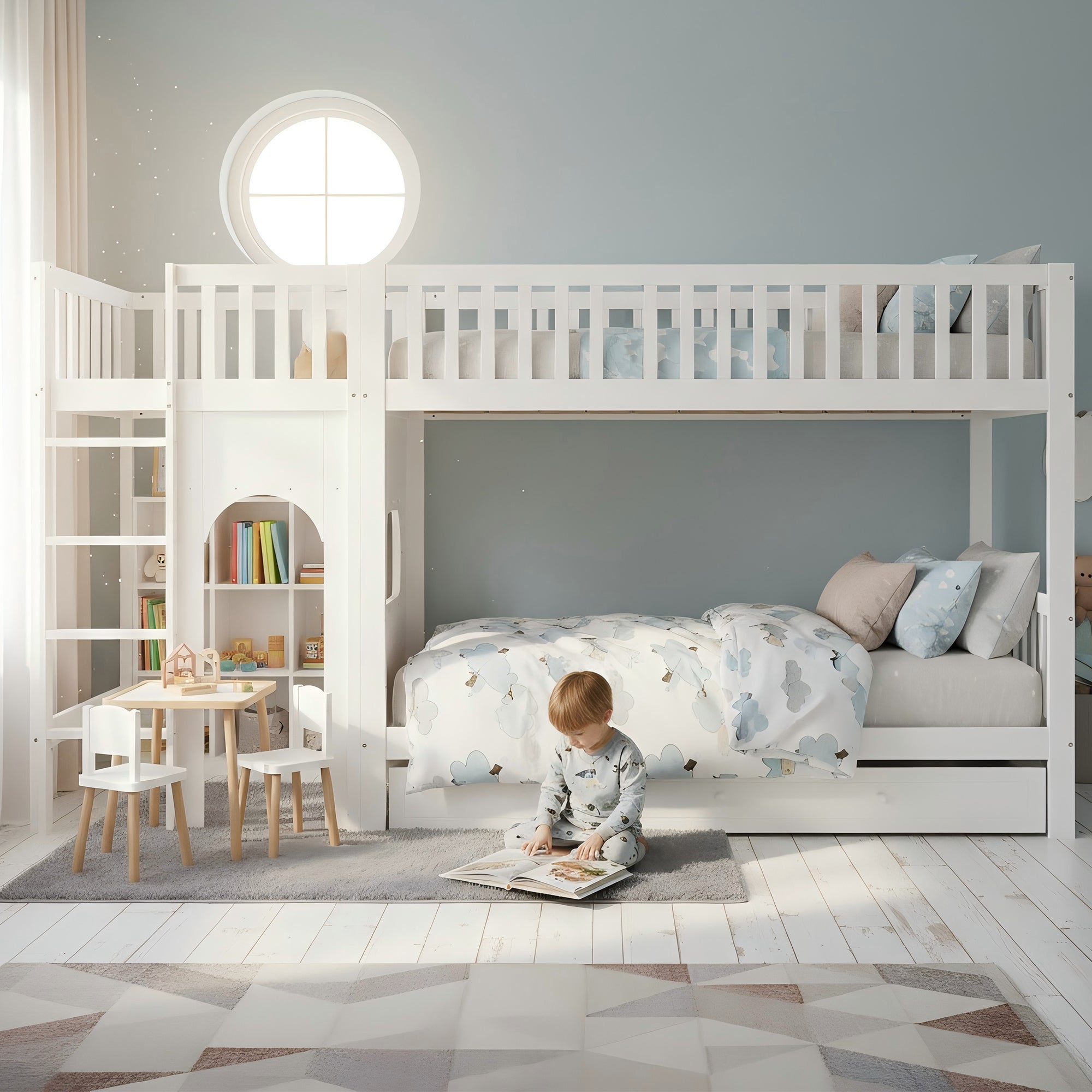 Łóżko piętrowe 90 x 200 cm z 1 dużą szufladą i barierkami zabezpieczającymi - Sosna + MDF + sklejka - Białe (Materac nie jest wliczony w cenę)