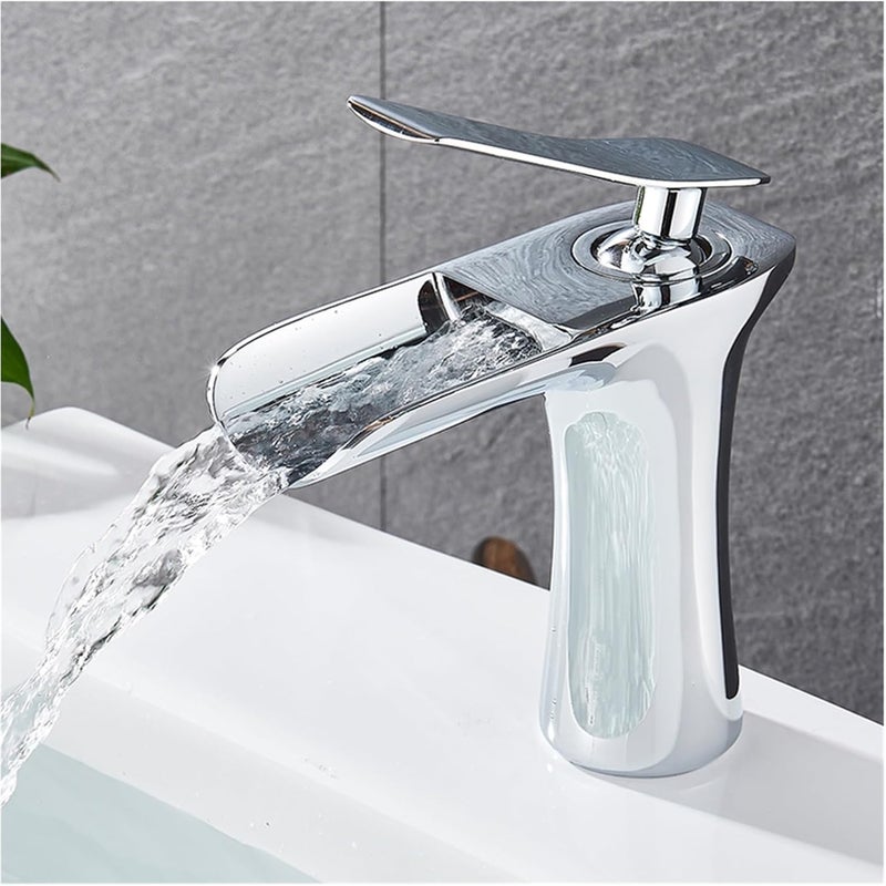 Kran umywalkowy typu wodospad, bateria łazienkowa z elastycznym wężem doprowadzającym wodę, odpowiednia do nowoczesnych łazienek.