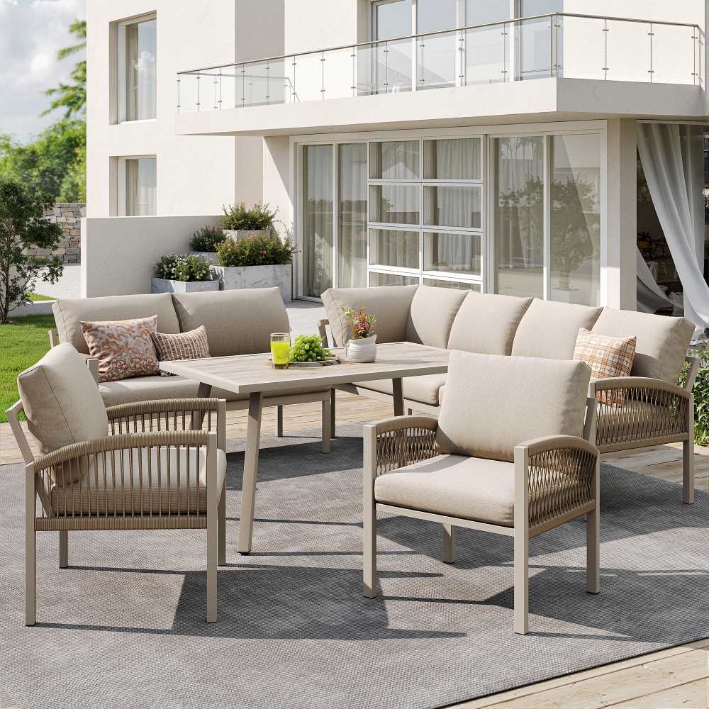 Sofá de jardín en L para 8 personas con estructura de metal, cojines beige, mesa con vidrio efecto madera y 2 sillones trenzados, resistente al clima - 2