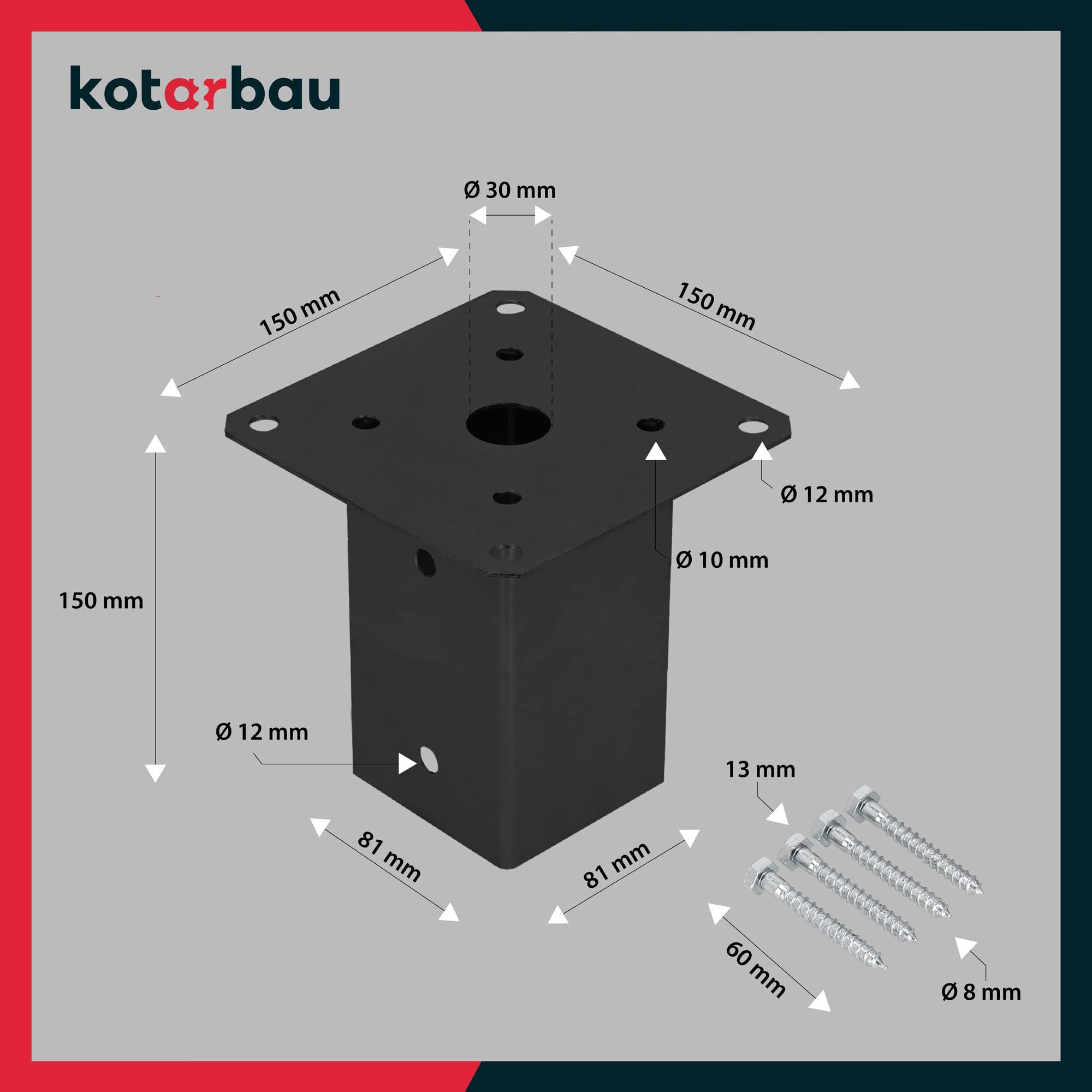 Support Poteau Bois - Acier Revêtu par Poudre - 80 x 80 mm - Noir - Pied de Poteau - Fixation Robuste - Résistant à la Corrosion KOTARBAU - 3