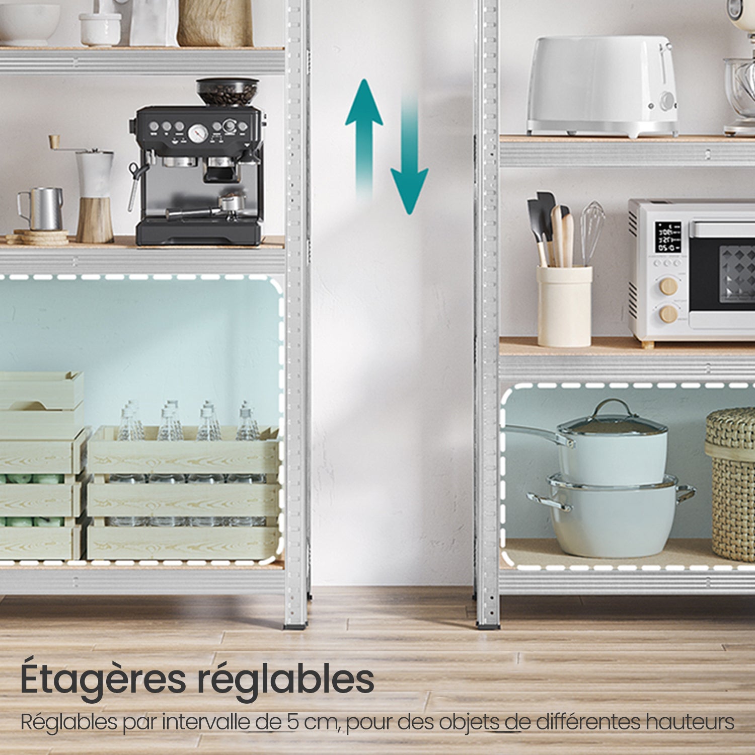 Étagère de Rangement à 5 Niveaux, Lot de 2, en Métal, Montage sans Vis, Réglable, Charge 875 kg, 40 x 90 x 180 cm, Argent - 5