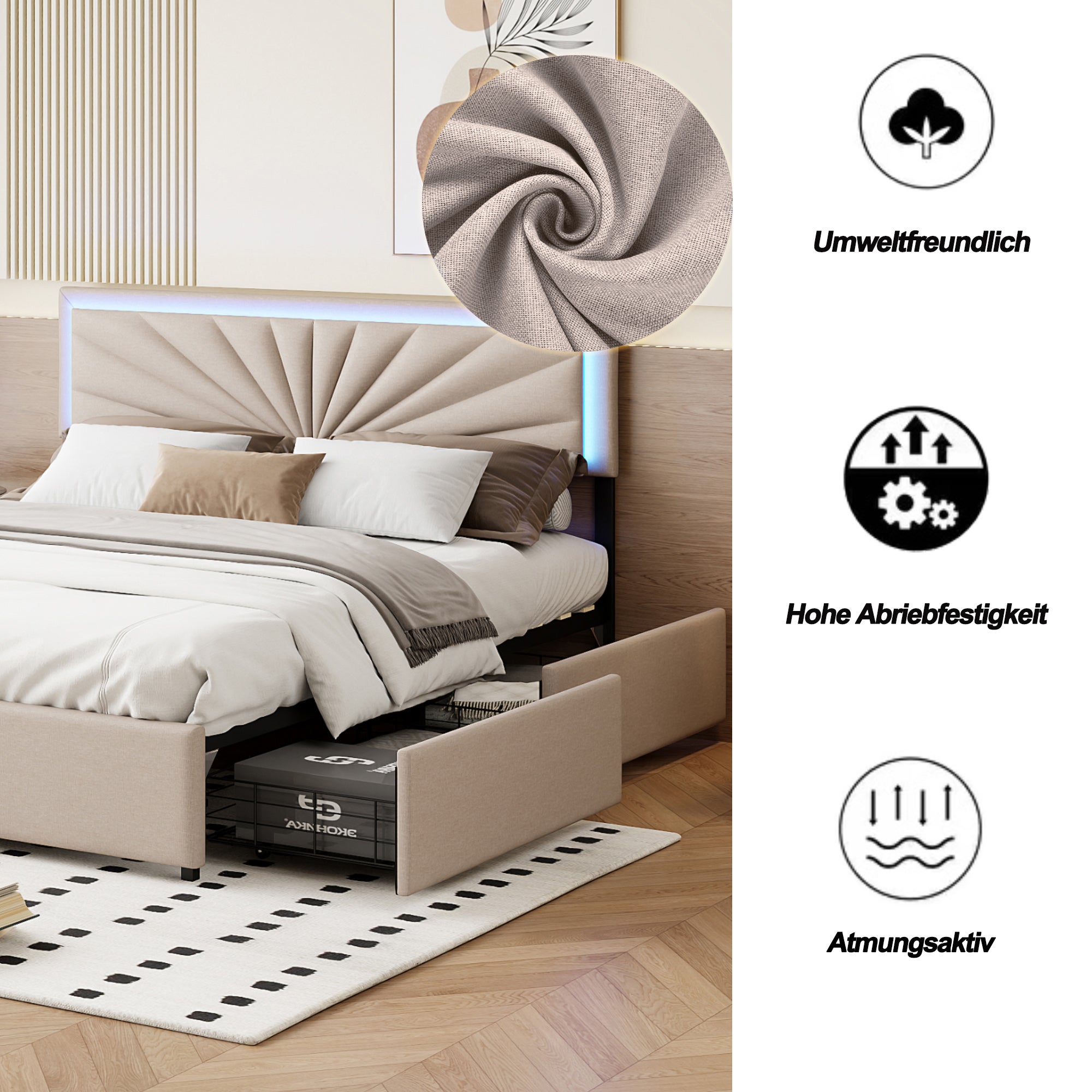 Lit double 160x200 cm - COZY- tissu en lin - 4 tiroirs - LED - lit 160x200 cm - Beige - 5