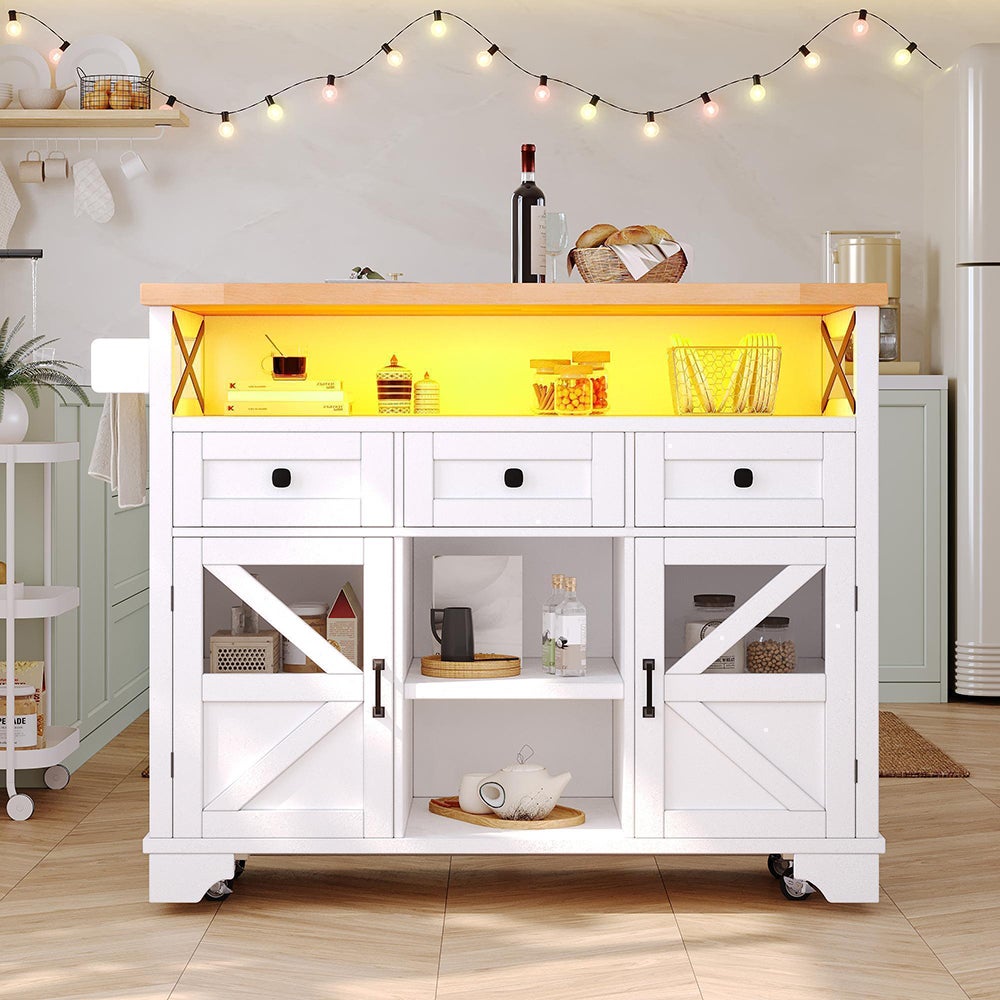 Carro de cocina multifuncional con aplicación led y mesa plegable, móvil con tres cajones y dos puertas de armario, blanco