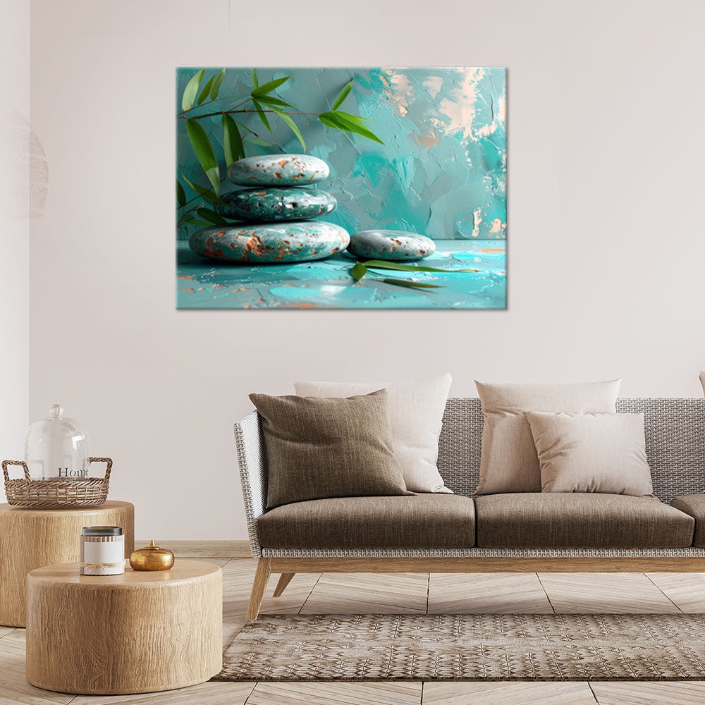 Obraz do salonu sypialni, Kamienie zen spa liście na turkusowym tle 90x60 - 2