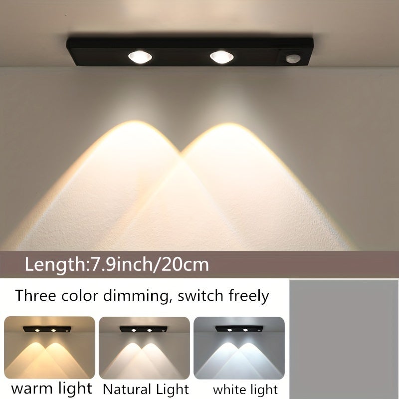 Magnetyczna listwa świetlna LED o długości 20 cm z czujnikiem ruchu, ściemniacz 3-kolorowy, do kuchni, szafy, kampera i sypialni