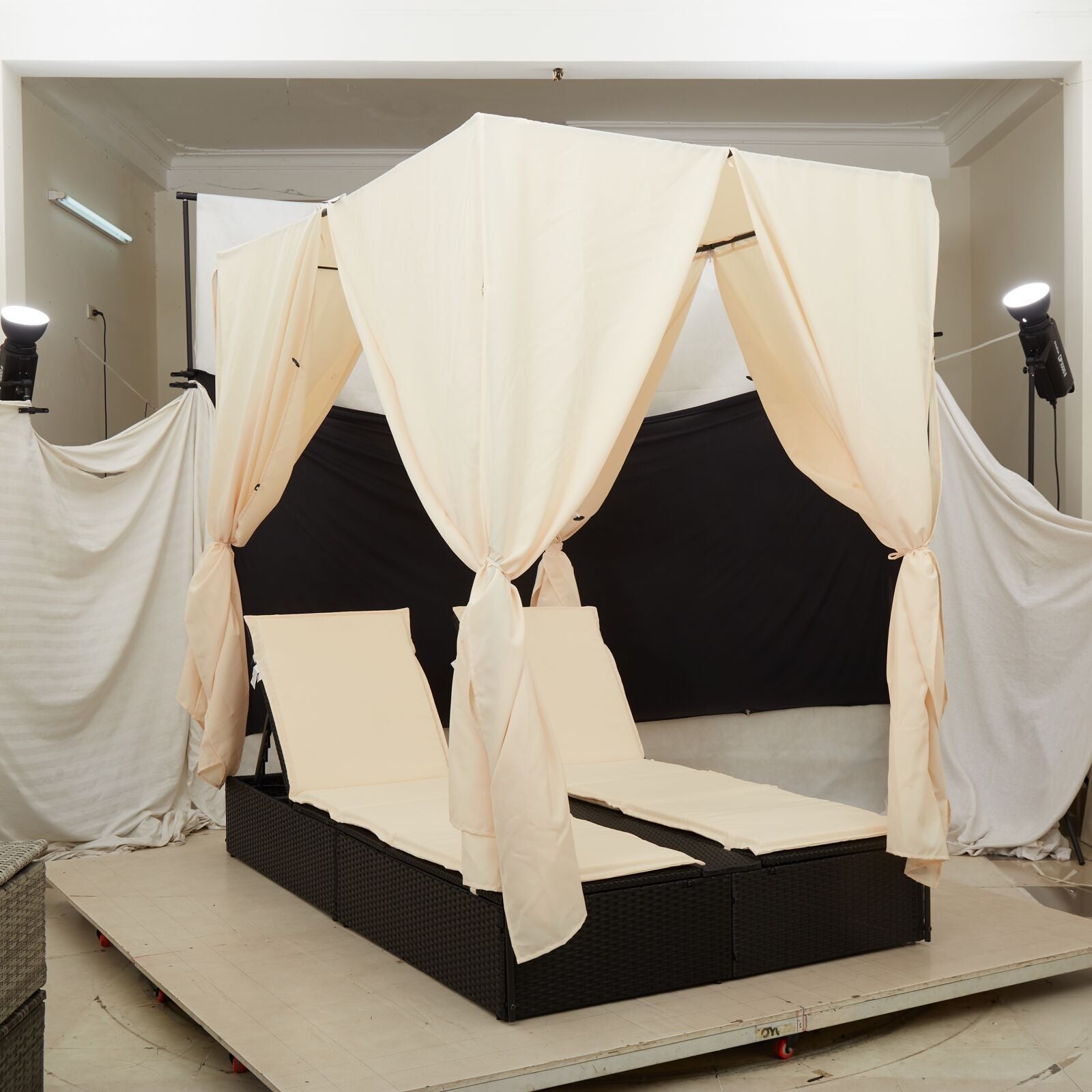 Cama Seccional Dupla vidaXL com Teto e Cortinas em Rattan Preto - 5