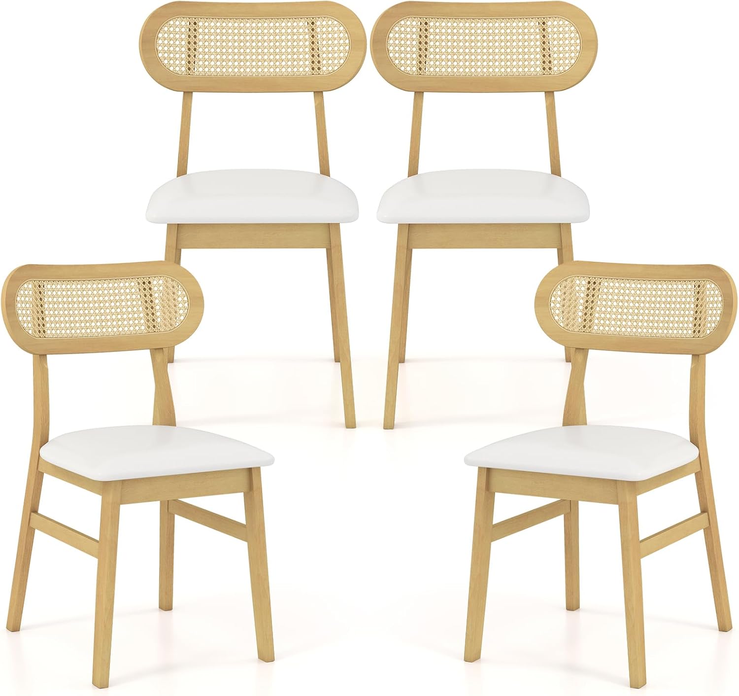 Zestaw 2 Krzeseł do Jadalni, Krzesło z Wikliną Rattanową i Wyściełanym Siedziskiem, Drewniane z Zakrzywionym Oparciem, Siedzisko 47 cm (2, Białe)